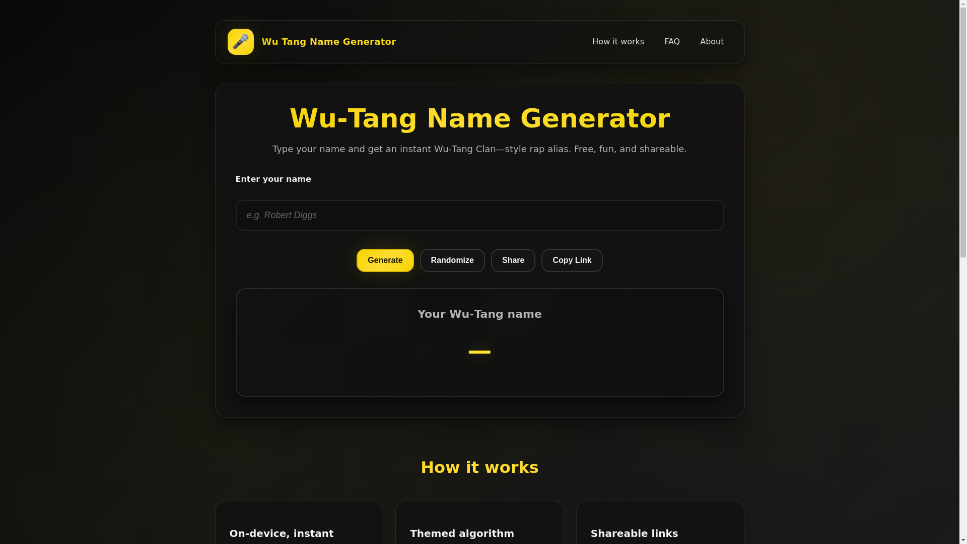 website screenshot of https://wutangnamegenerator.club/