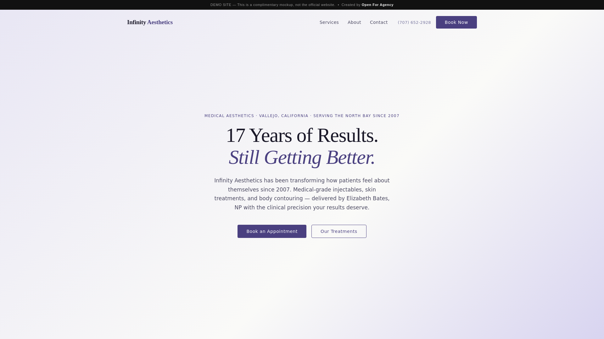 website screenshot of https://infinity-aesthetics-demo.pages.dev/