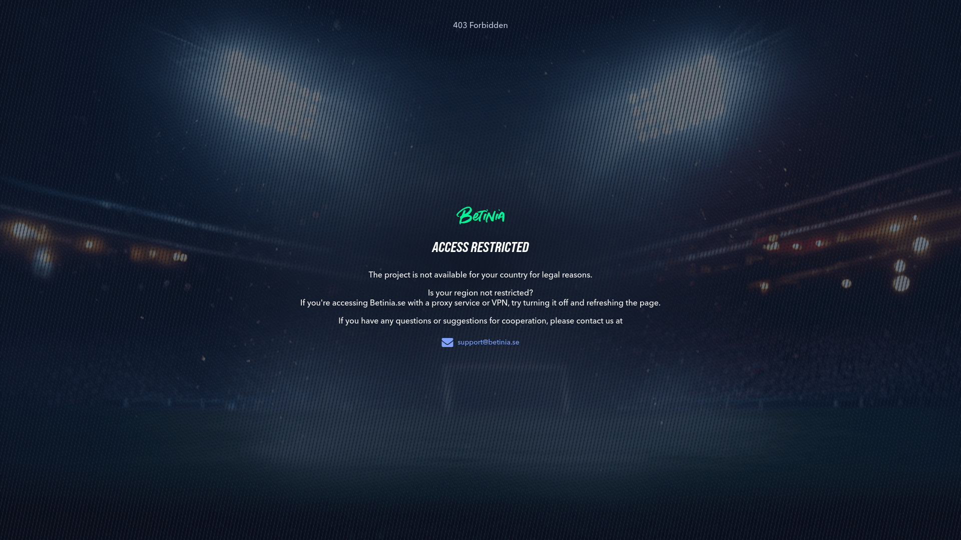 website screenshot of https://betinia.se/sv/