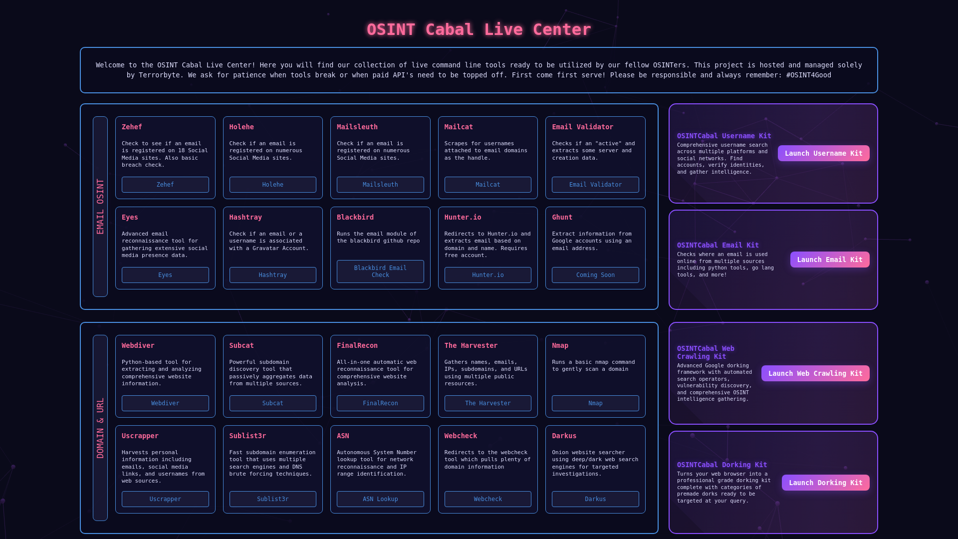 website screenshot of https://osintcabal.org/livecenter/live.html