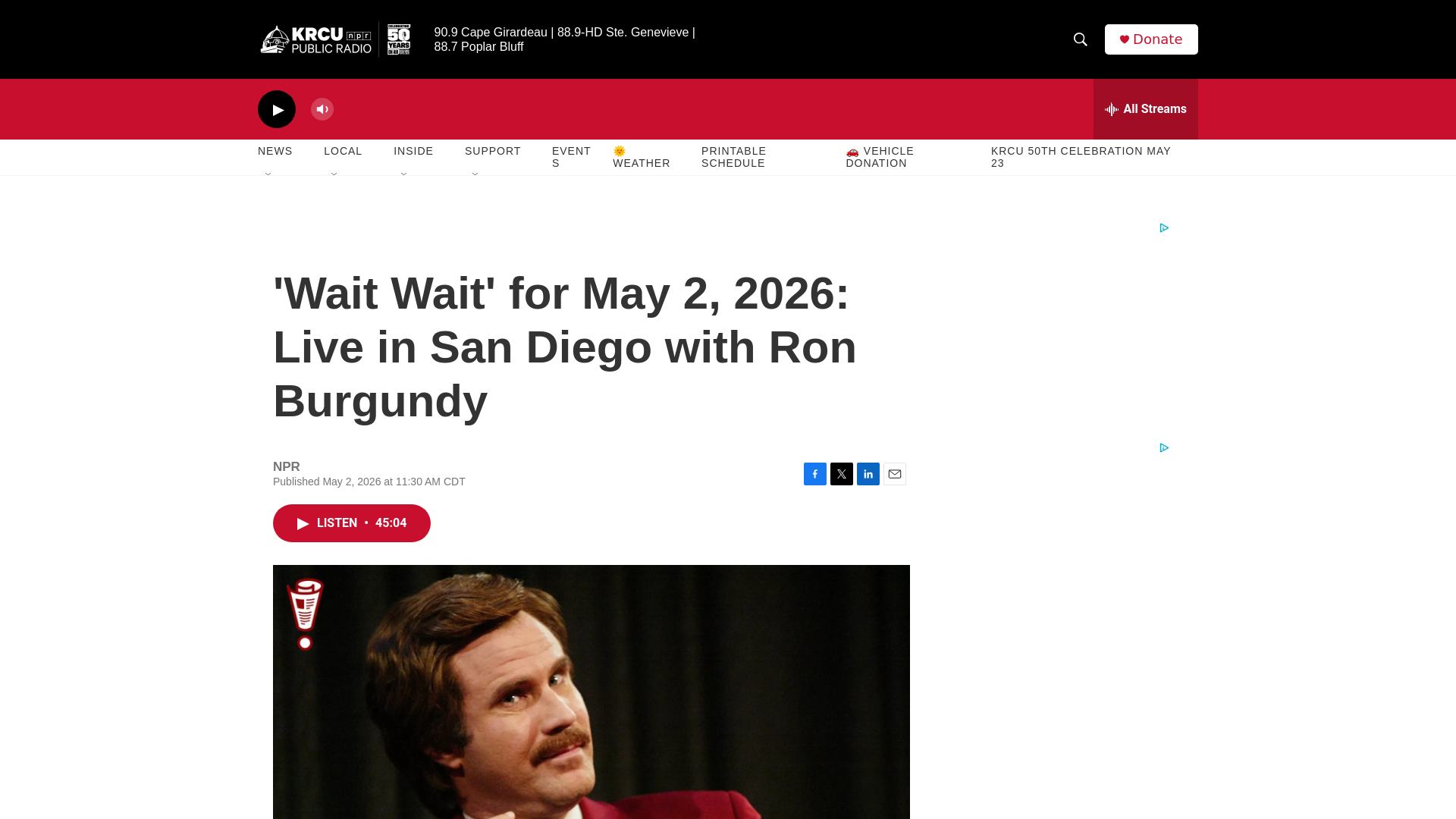 website screenshot of https://www.krcu.org/2026-05-02/wait-wait-for-may-2-2026-live-in-san-diego-with-ron-burgundy
