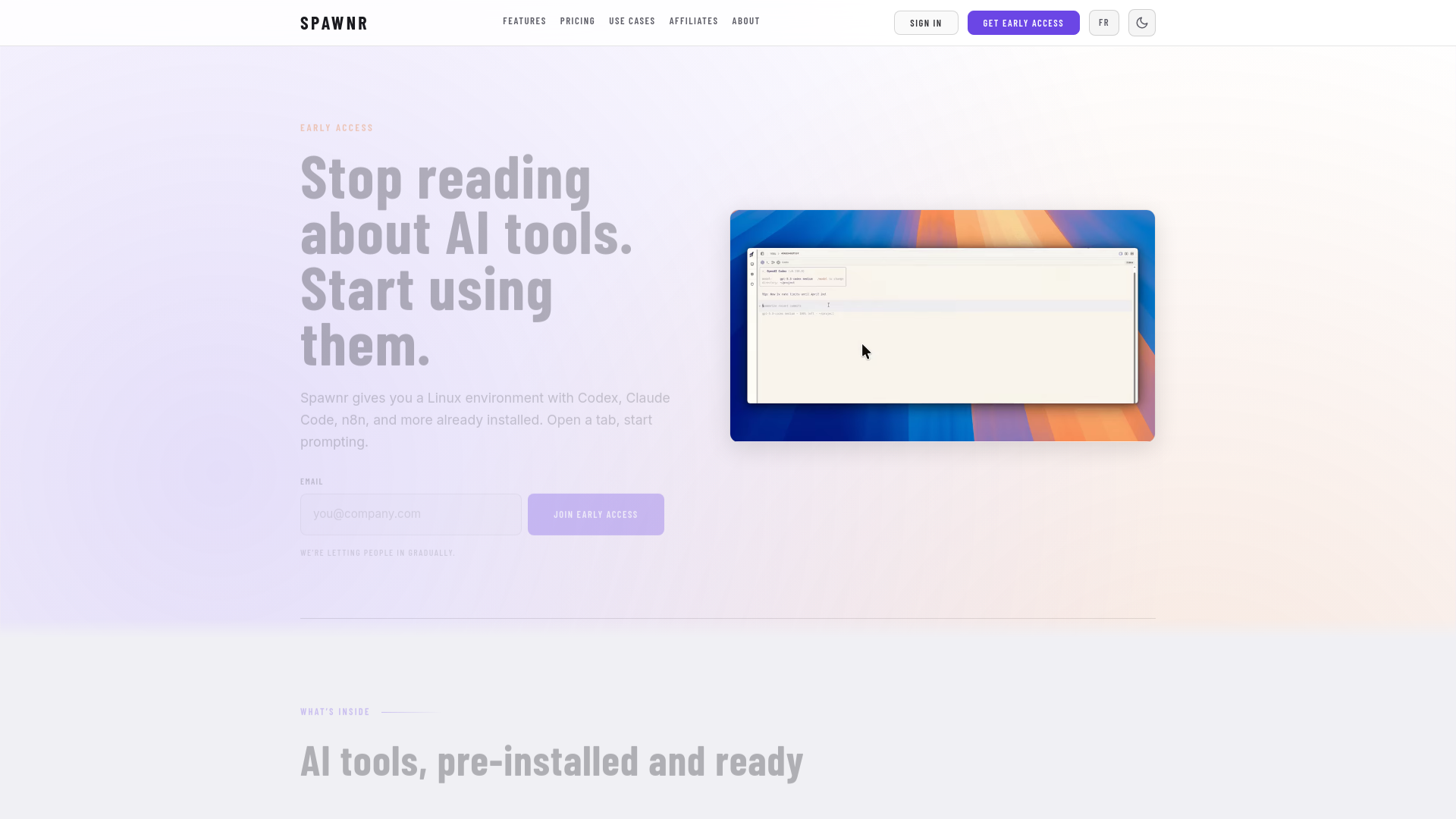 website screenshot of https://spawnr-landing-page-staging.pages.dev/