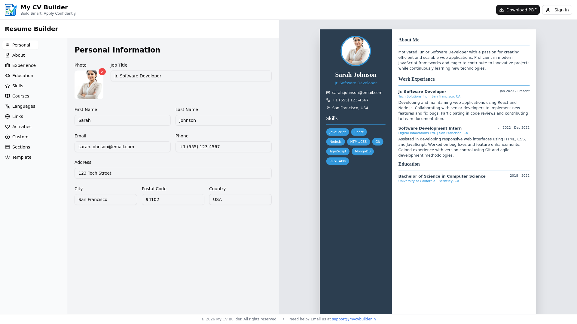 website screenshot of https://mycvbuilder.in/