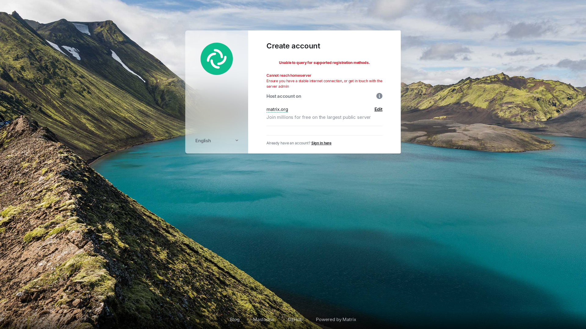 website screenshot of https://app.element.io/#/register