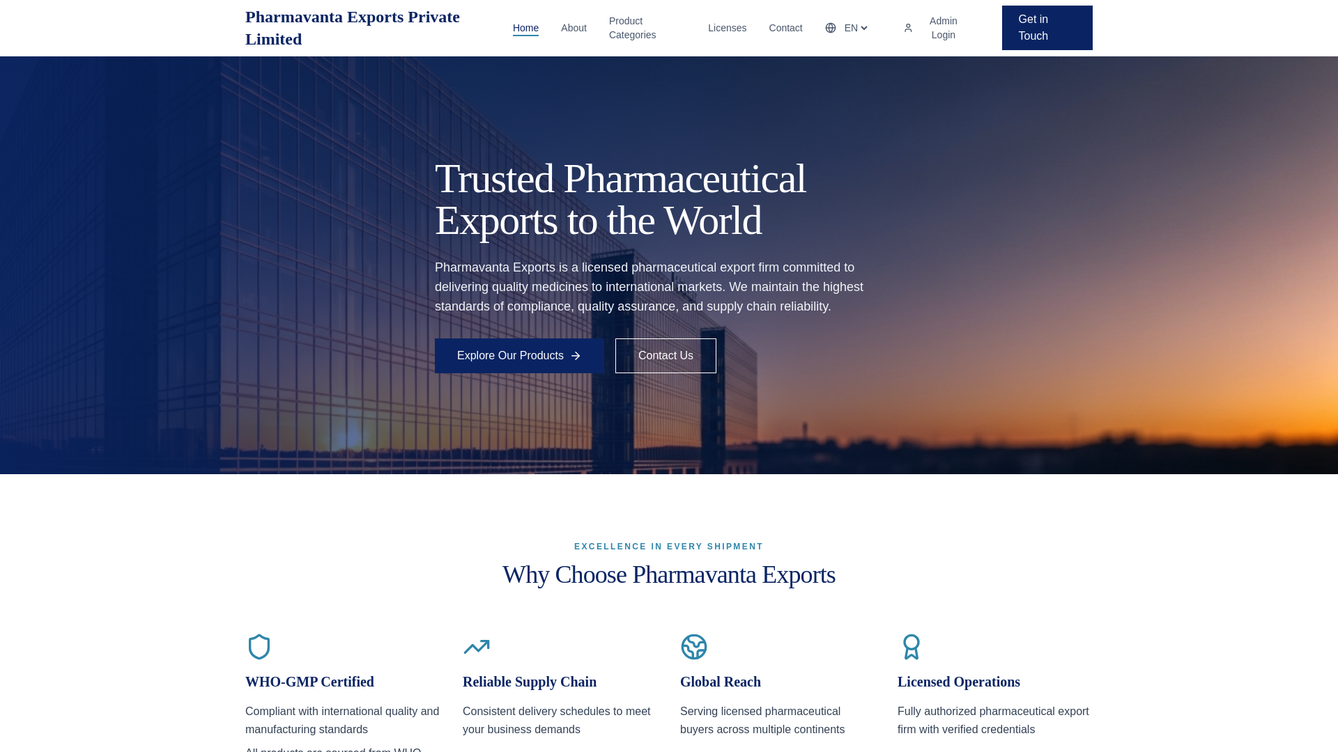website screenshot of https://pharmavantaexports.co.in/