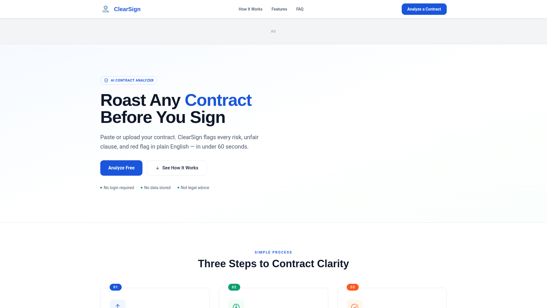 website screenshot of https://clearsign-contract-analyzer.pages.dev/