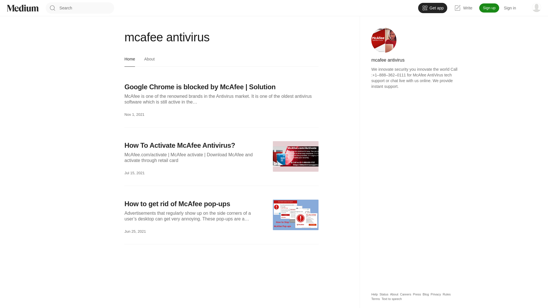 website screenshot of https://mcafeeantivirus825.medium.com