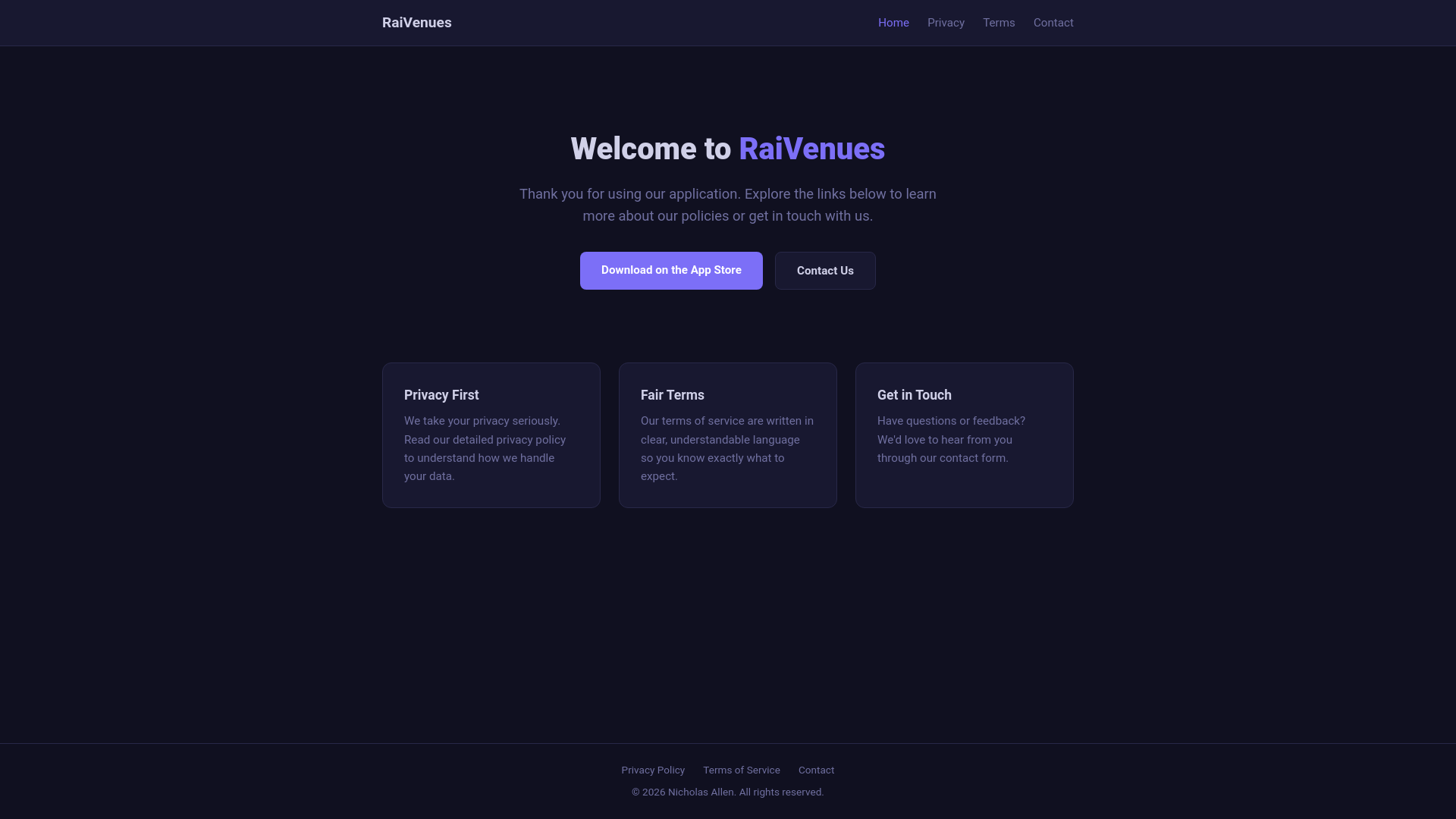 website screenshot of https://raivenues.live