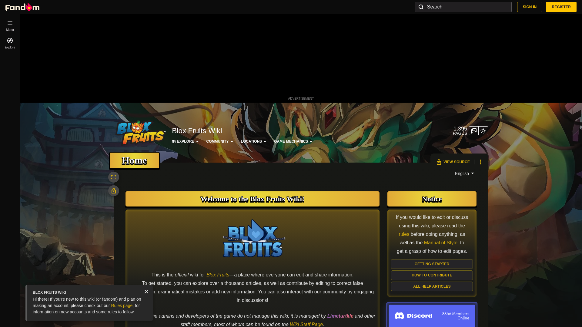 website screenshot of https://blox-fruits.fandom.com
