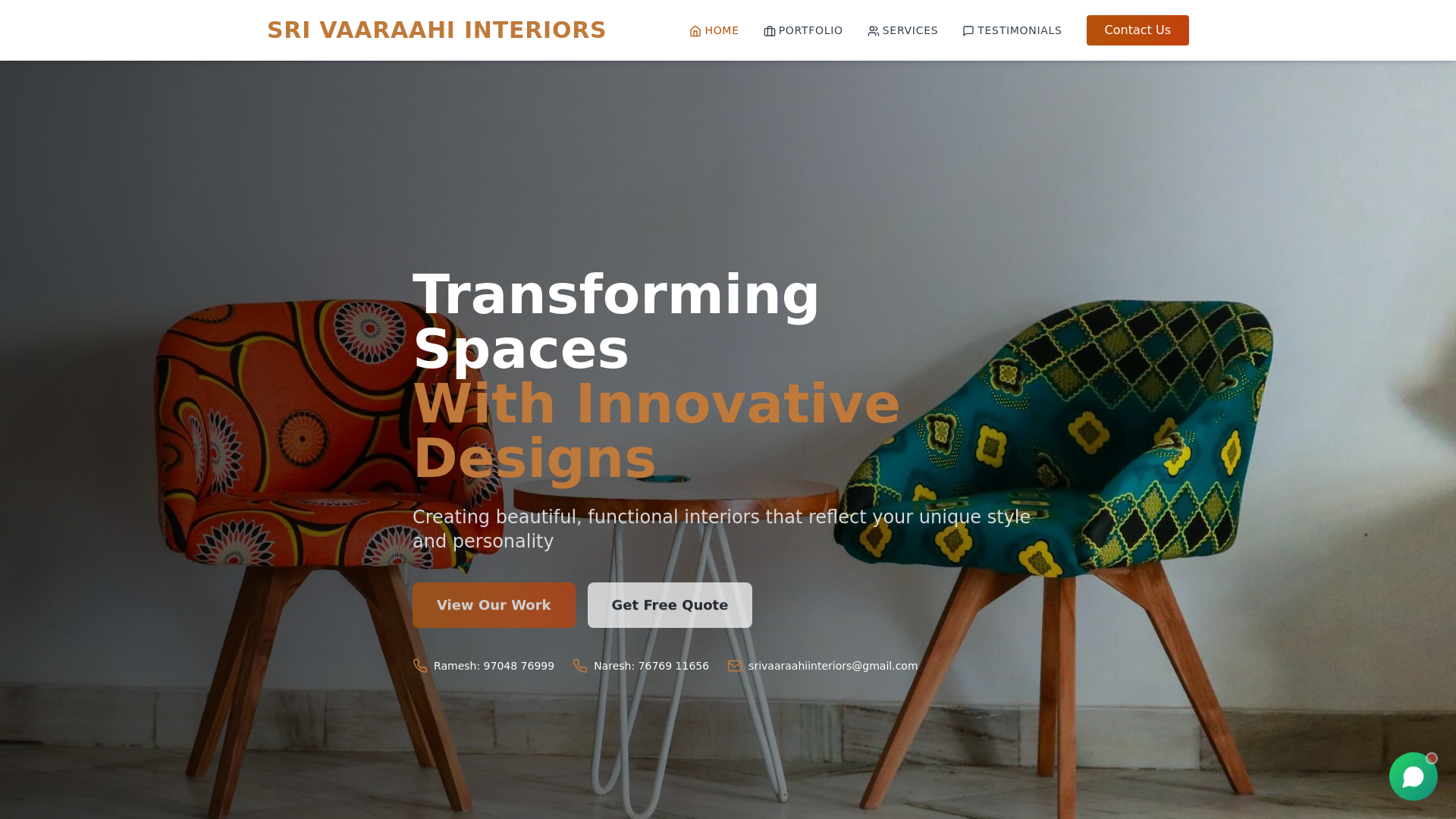 website screenshot of https://srivaaraahiinteriors.com