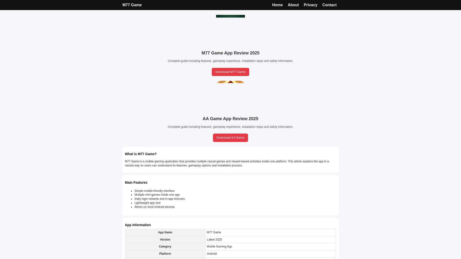 website screenshot of https://m77game.pro/