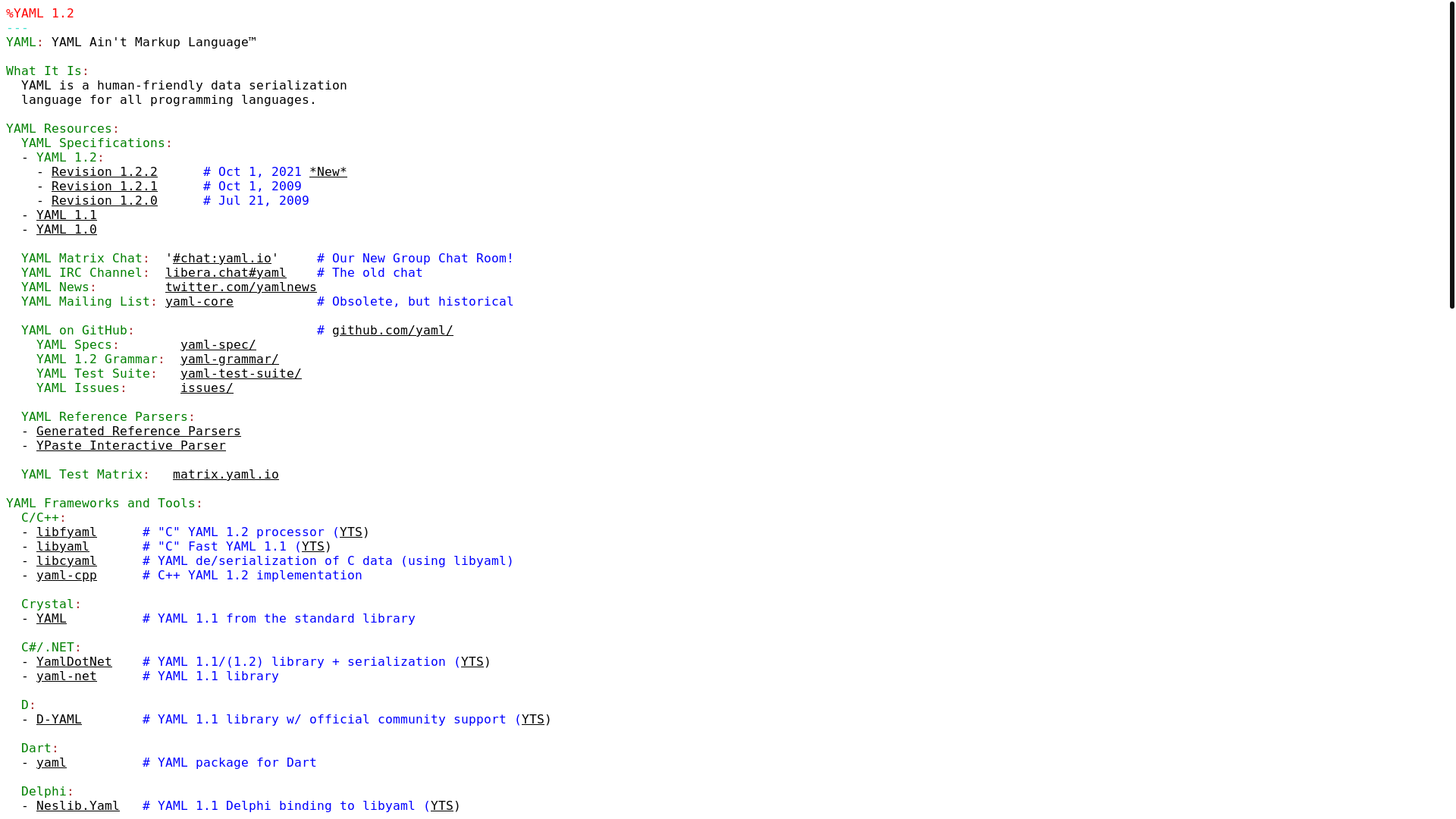website screenshot of https://yaml.org