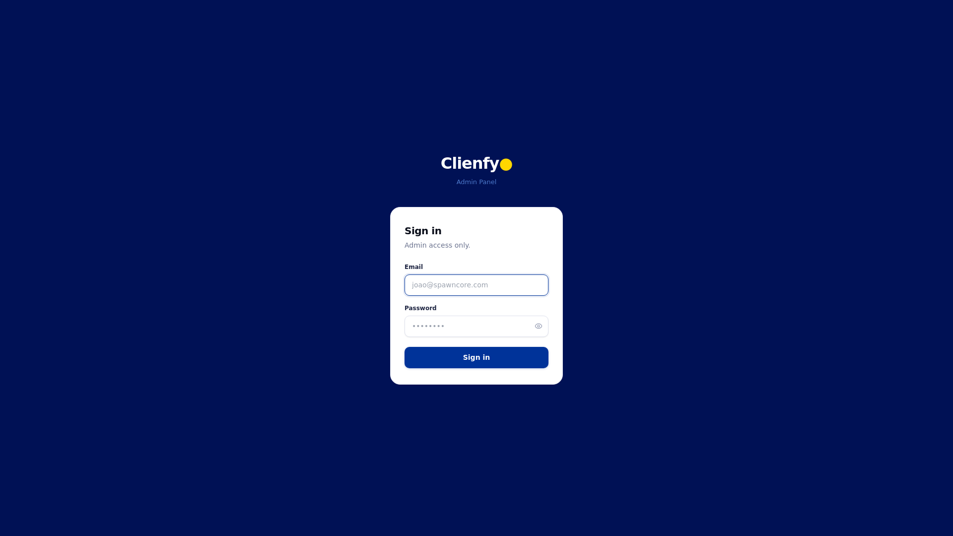 website screenshot of https://clienfy-admin.pages.dev/