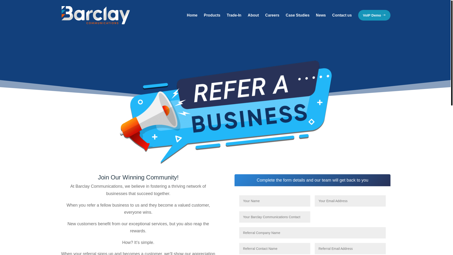 website screenshot of https://www.barclaycomms.com/refer-a-business/