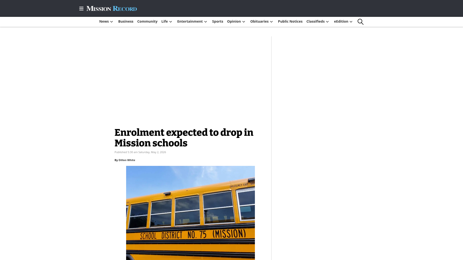 website screenshot of https://missioncityrecord.com/2026/05/02/enrolment-expected-to-drop-in-mission-schools/