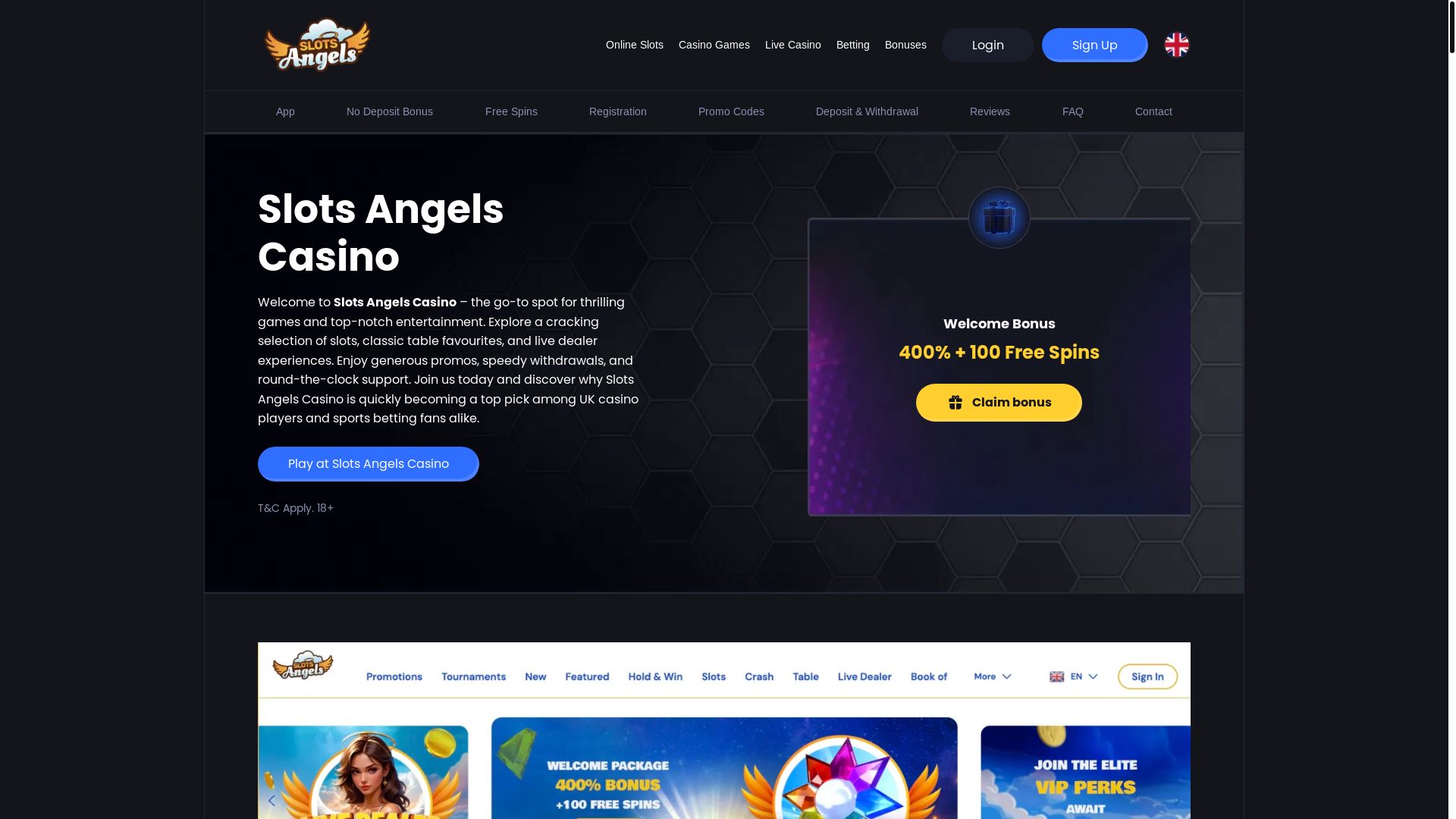 website screenshot of https://slotsangels-casino.com/