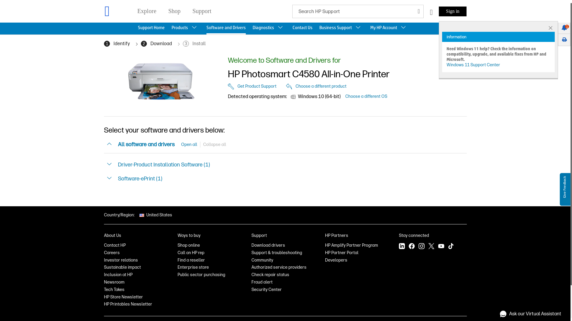 website screenshot of https://support.hp.com/us-en/drivers/imprimante-tout-en-un-hp-photosmart-c4580/model/3575174