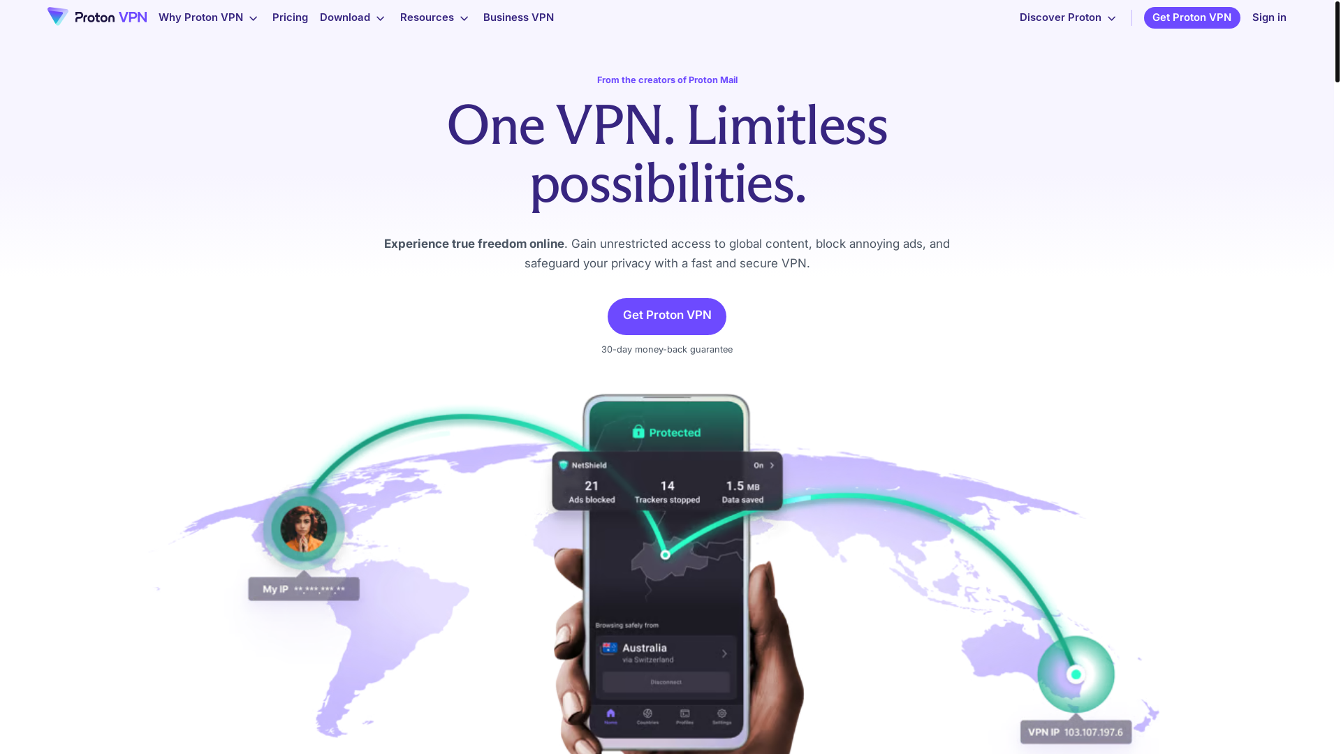 website screenshot of https://protonvpn.com/