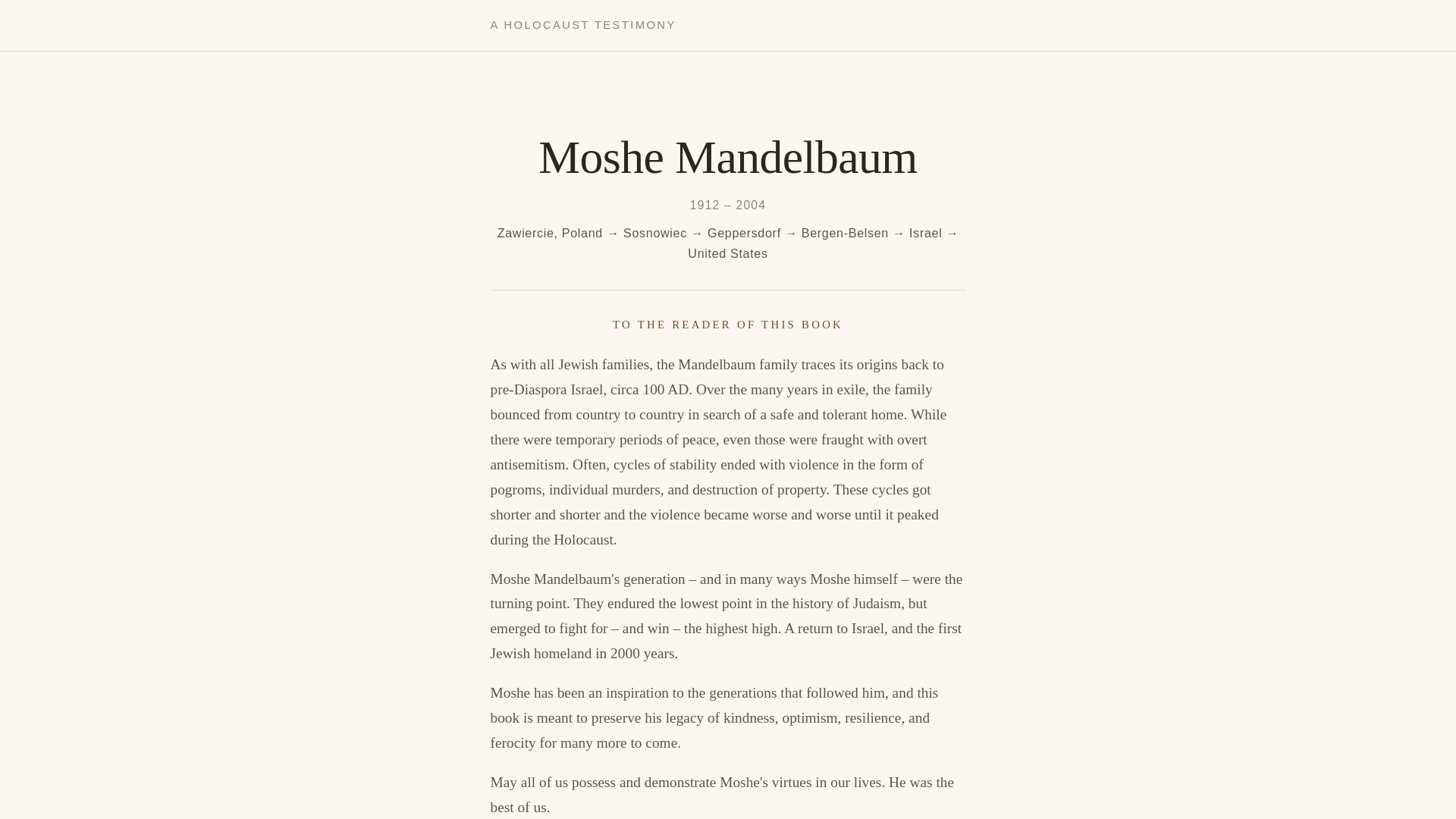 website screenshot of https://moshemandelbaumtestimony.org/