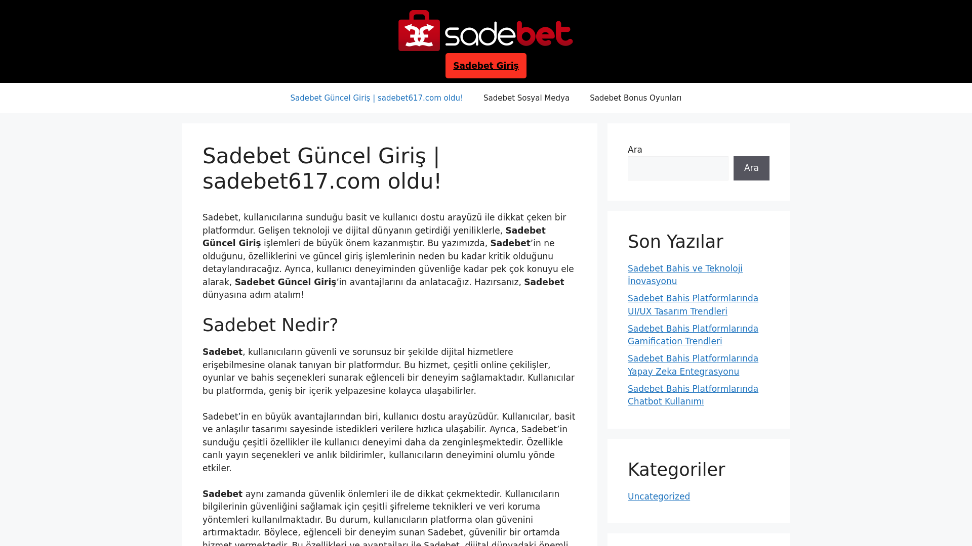 website screenshot of https://sadebetbahis.com/