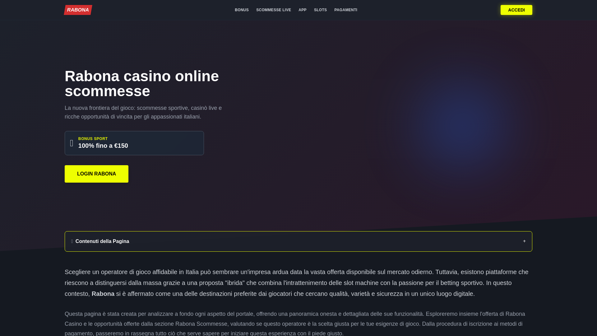 website screenshot of https://rabona-casino-ufficialesito.it/