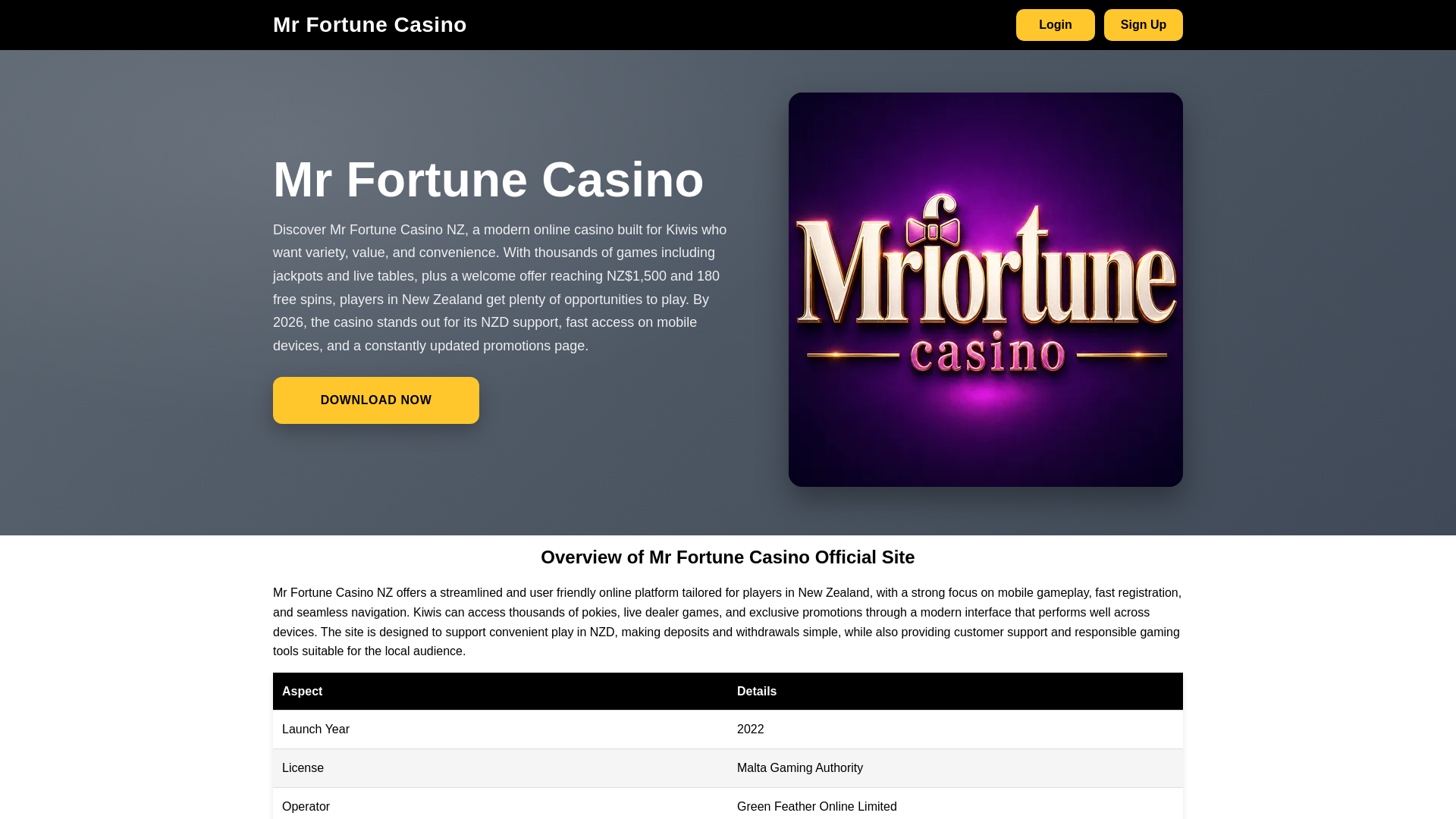website screenshot of https://mrfortunecasinosnz.com/