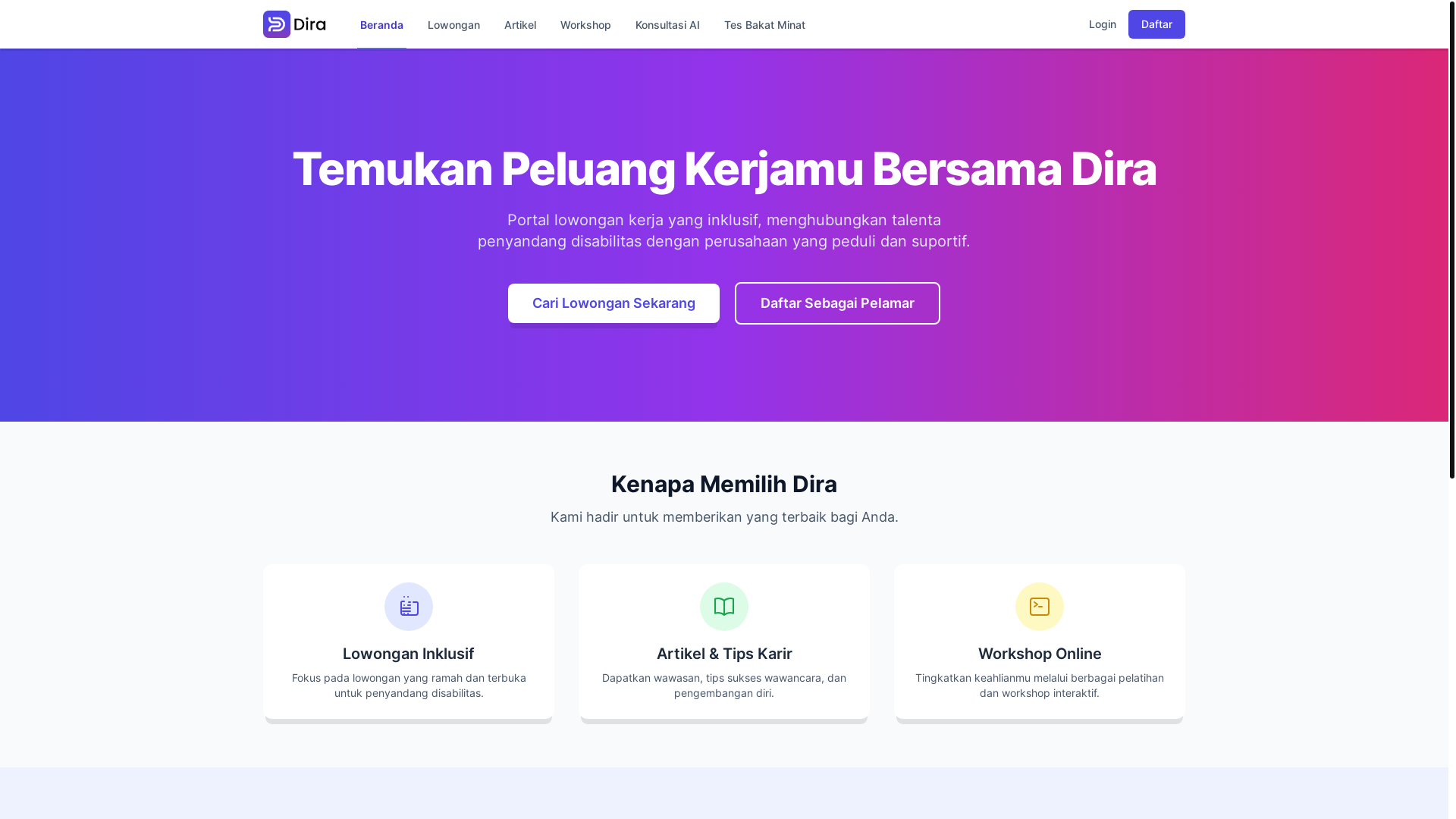 website screenshot of https://dirakarir.my.id/