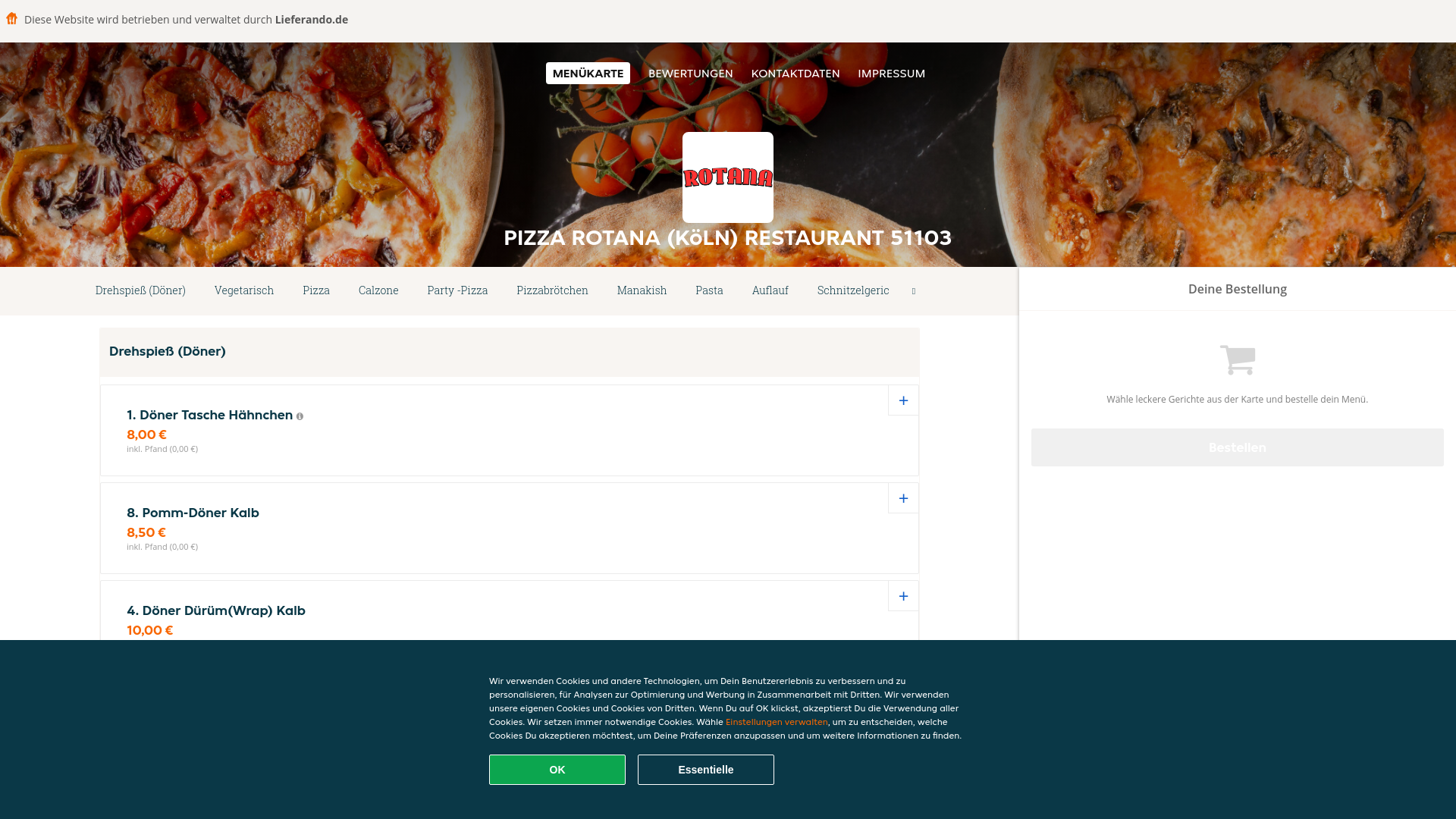 website screenshot of https://pizzarotanarestaurant-koln.de/