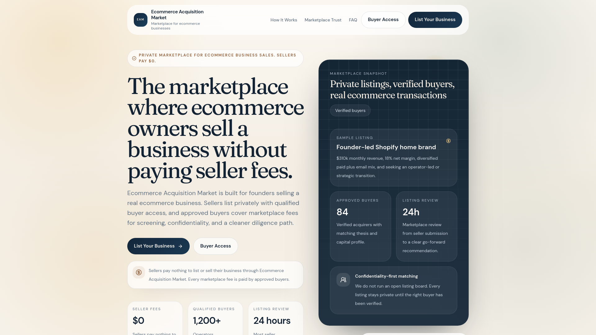 website screenshot of https://ecommerceacquisitionmarket.com/