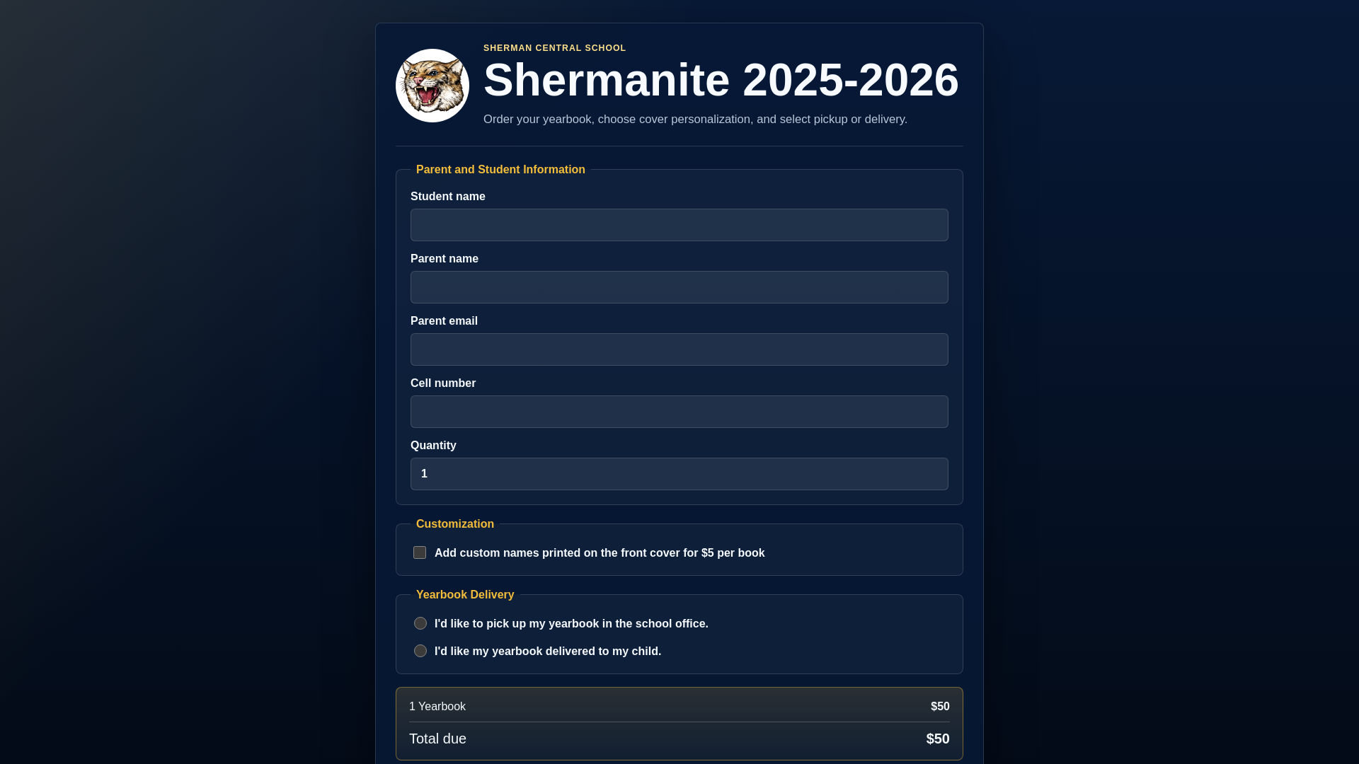 website screenshot of https://sherman-yearbook-orders.pages.dev/
