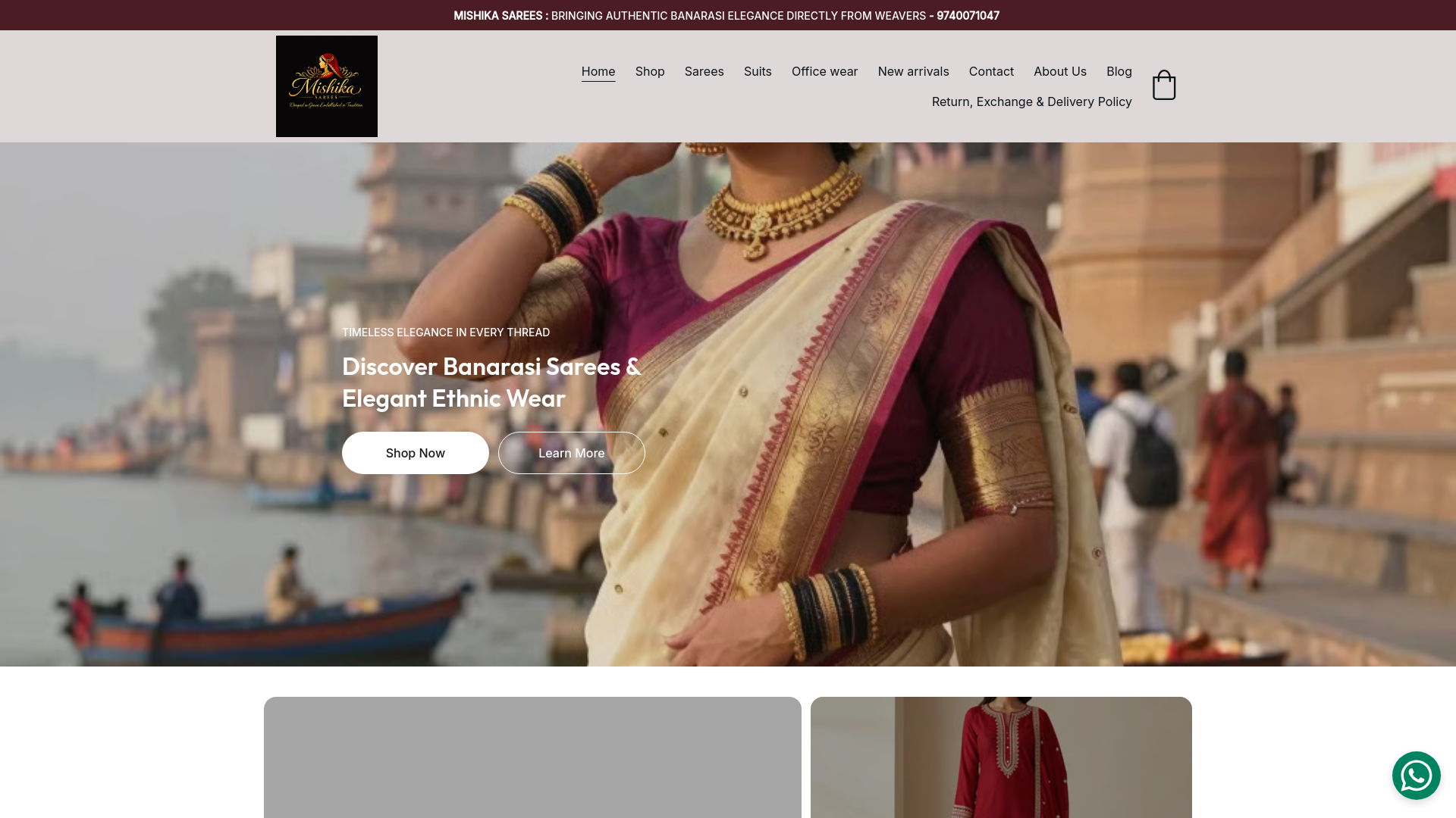 website screenshot of https://mishikasarees.com