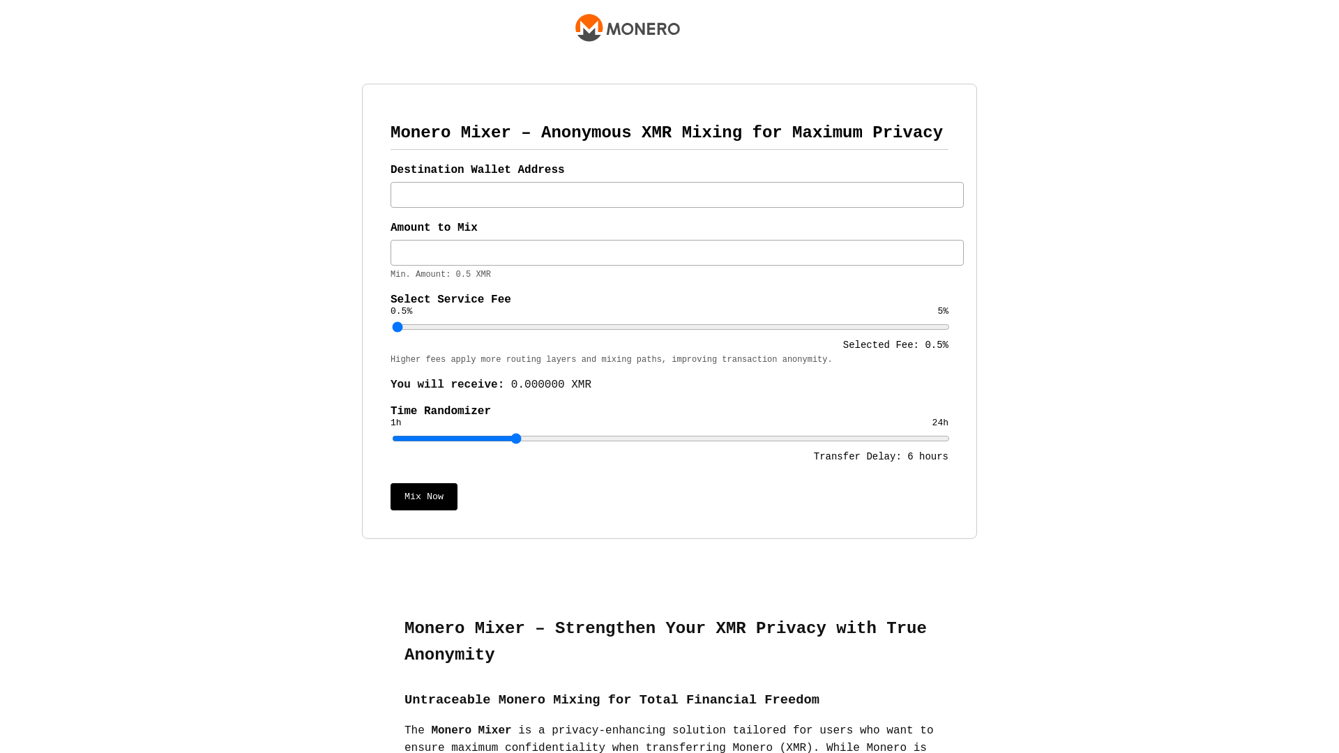 website screenshot of https://monero2mix.to/