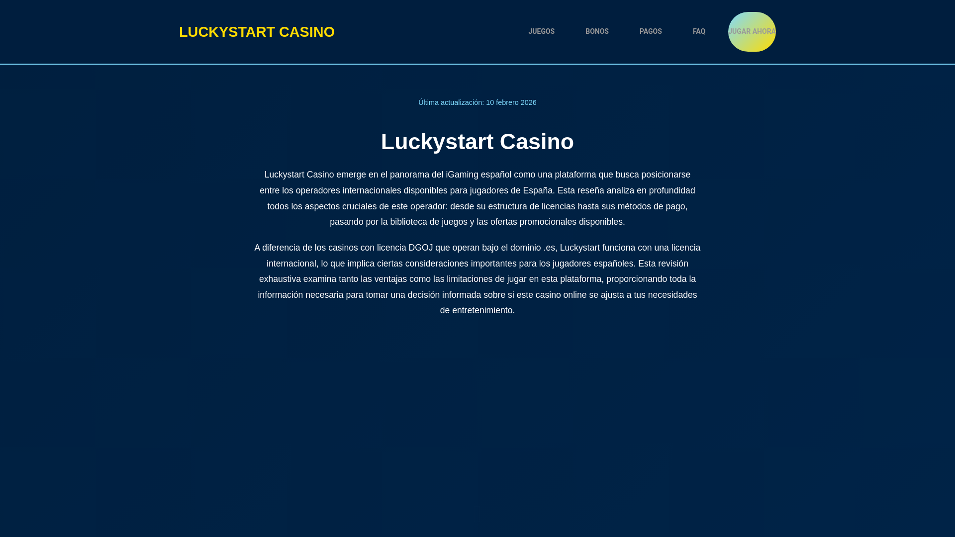 website screenshot of https://luckystart-casino.es/