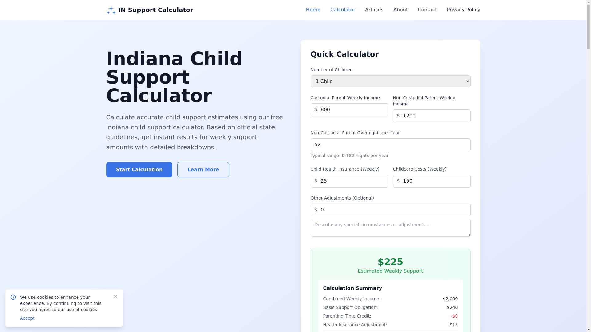 website screenshot of https://indianachildsupportcalculator.pages.dev/