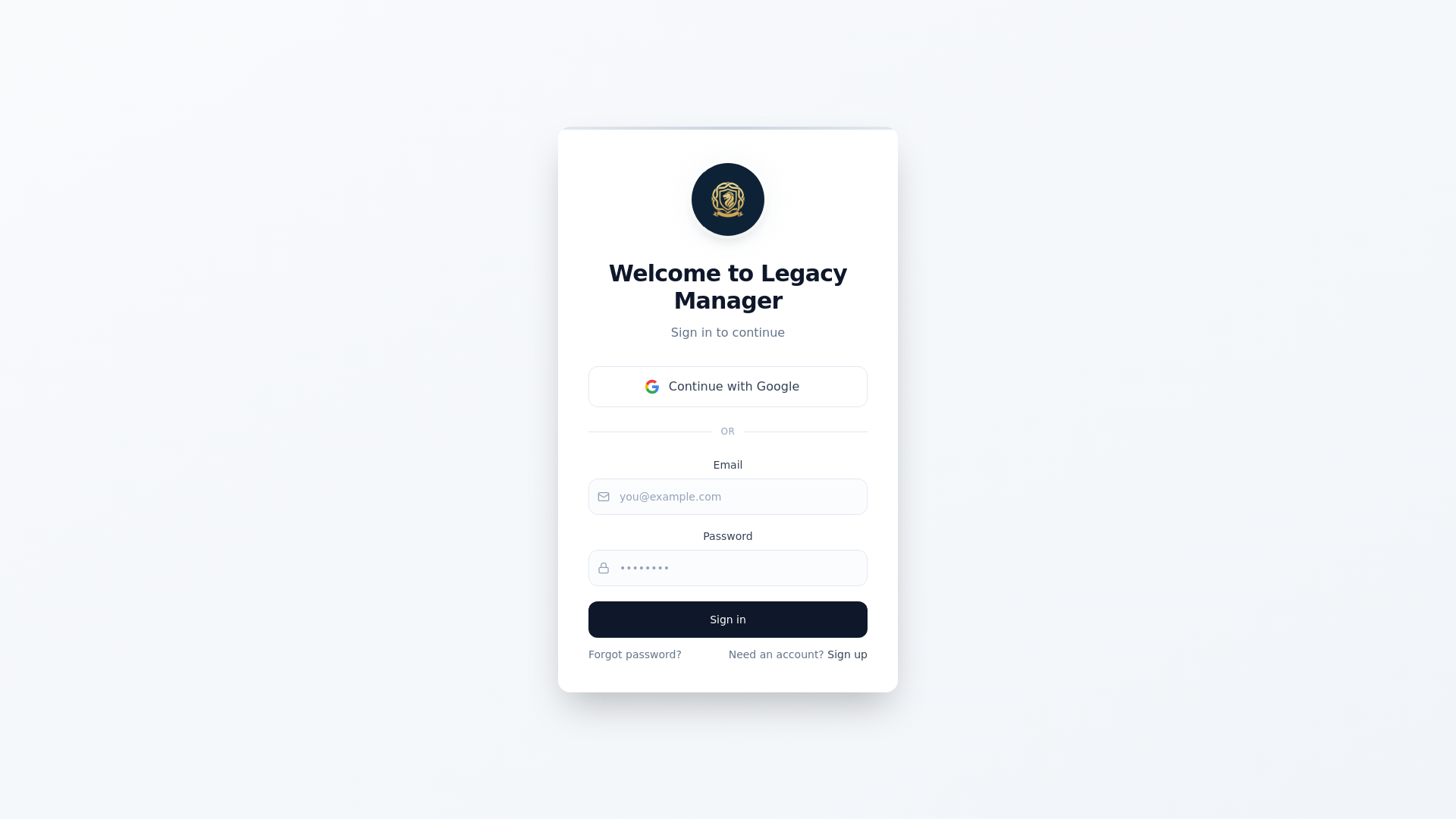 website screenshot of https://legacymanager.app/