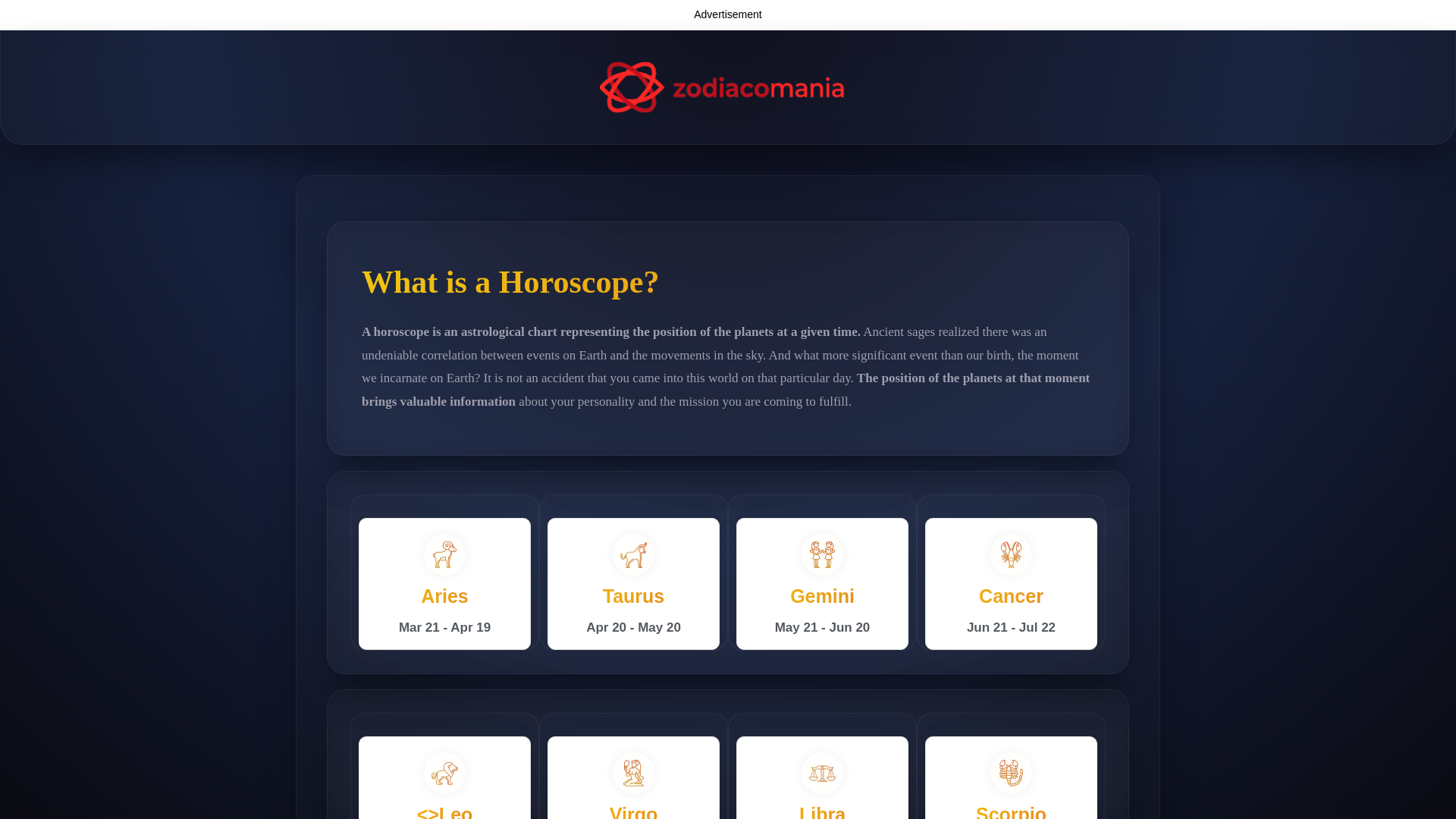 website screenshot of https://zodiacomania.com