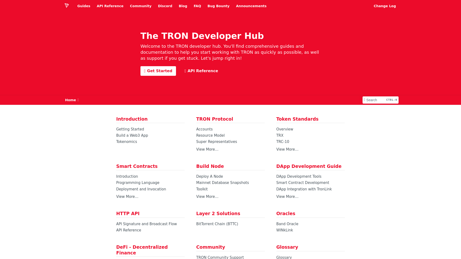 website screenshot of https://developers.tron.network