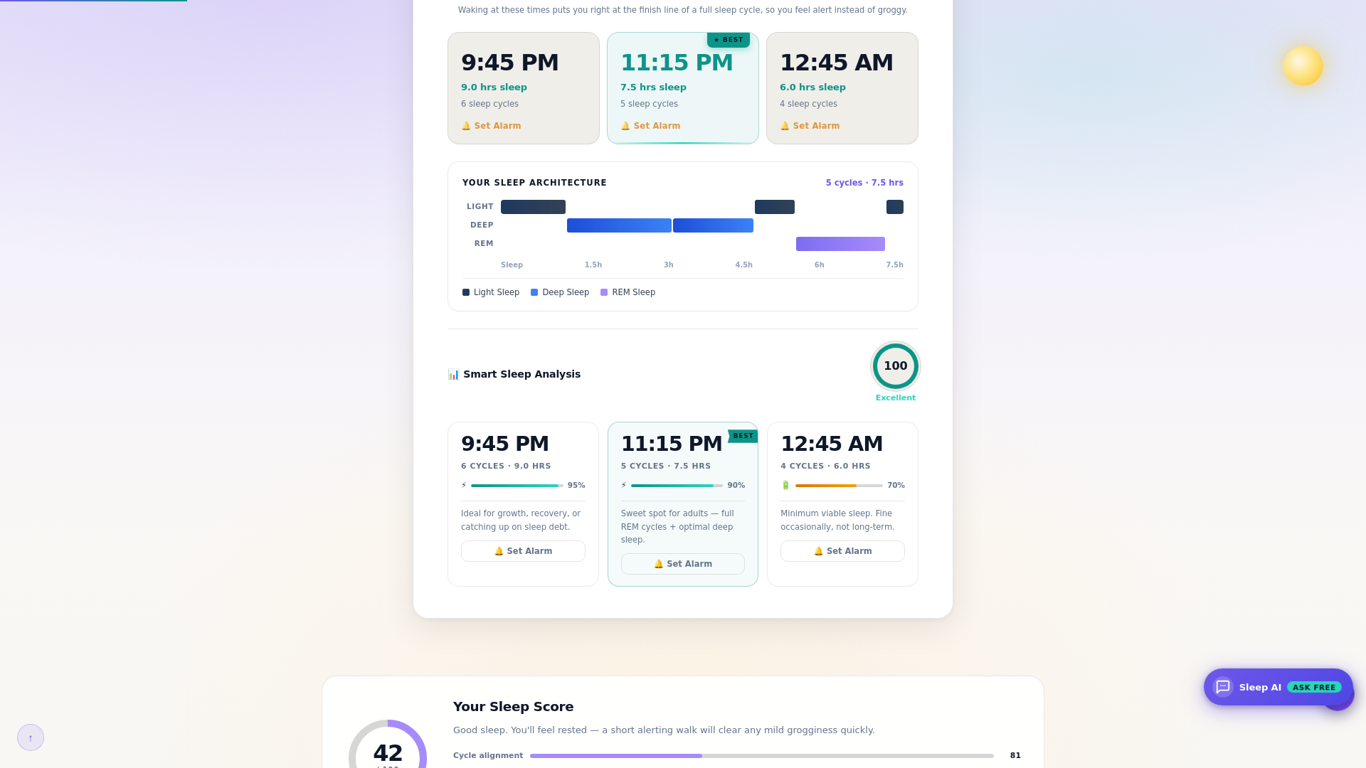website screenshot of https://bedtimesleepcalculator.com
