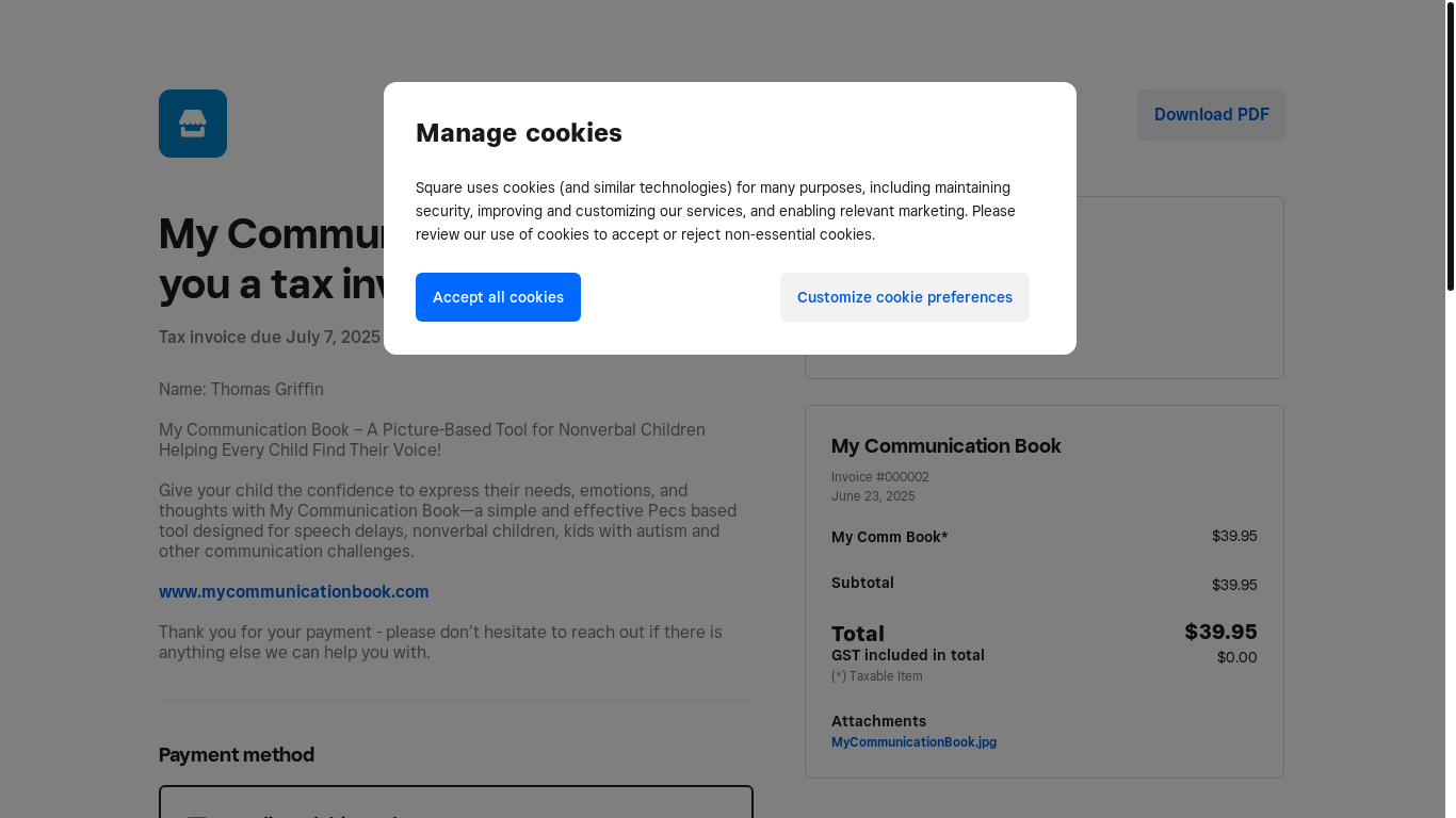 website screenshot of https://aus01.safelinks.protection.outlook.com/?url=https%3A%2F%2Fwcssssxs.r.us-west-2.awstrack.me%2FL0%2Fhttps%3A%252F%252Fapp.squareup.com%252Fpay-invoice%252Finvtmp%3A5c8a6ac2-13fe-4e0c-a416-fc5cef37f245%2F1%2F010101979af66863-67caf400-d5e6-4a24-97d1-1663b5fbcd00-000000%2FTs-CtQ0chA6Ki-cA0jR-Us1D3Mw%3D432&data=05%7C02%7Cndis%40prudentplanmanagement.com.au%7C1b926e7113ba4ebc946208ddb23e0539%7C3eac679383174fc29a972fcd4851733f%7C0%7C0%7C638862701617381802%7CUnknown%7CTWFpbGZsb3d8eyJFbXB0eU1hcGkiOnRydWUsIlYiOiIwLjAuMDAwMCIsIlAiOiJXaW4zMiIsIkFOIjoiTWFpbCIsIldUIjoyfQ%3D%3D%7C0%7C%7C%7C&sdata=EshEbz7ToJYXNpje7yd8FBdc0aAhCR1YqOBhXsilhoc%3D&reserved=0