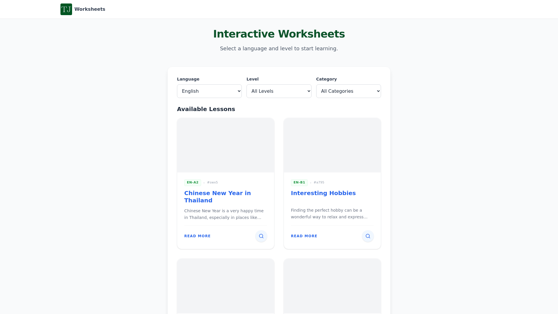 website screenshot of https://language-learning-worksheets.pages.dev/