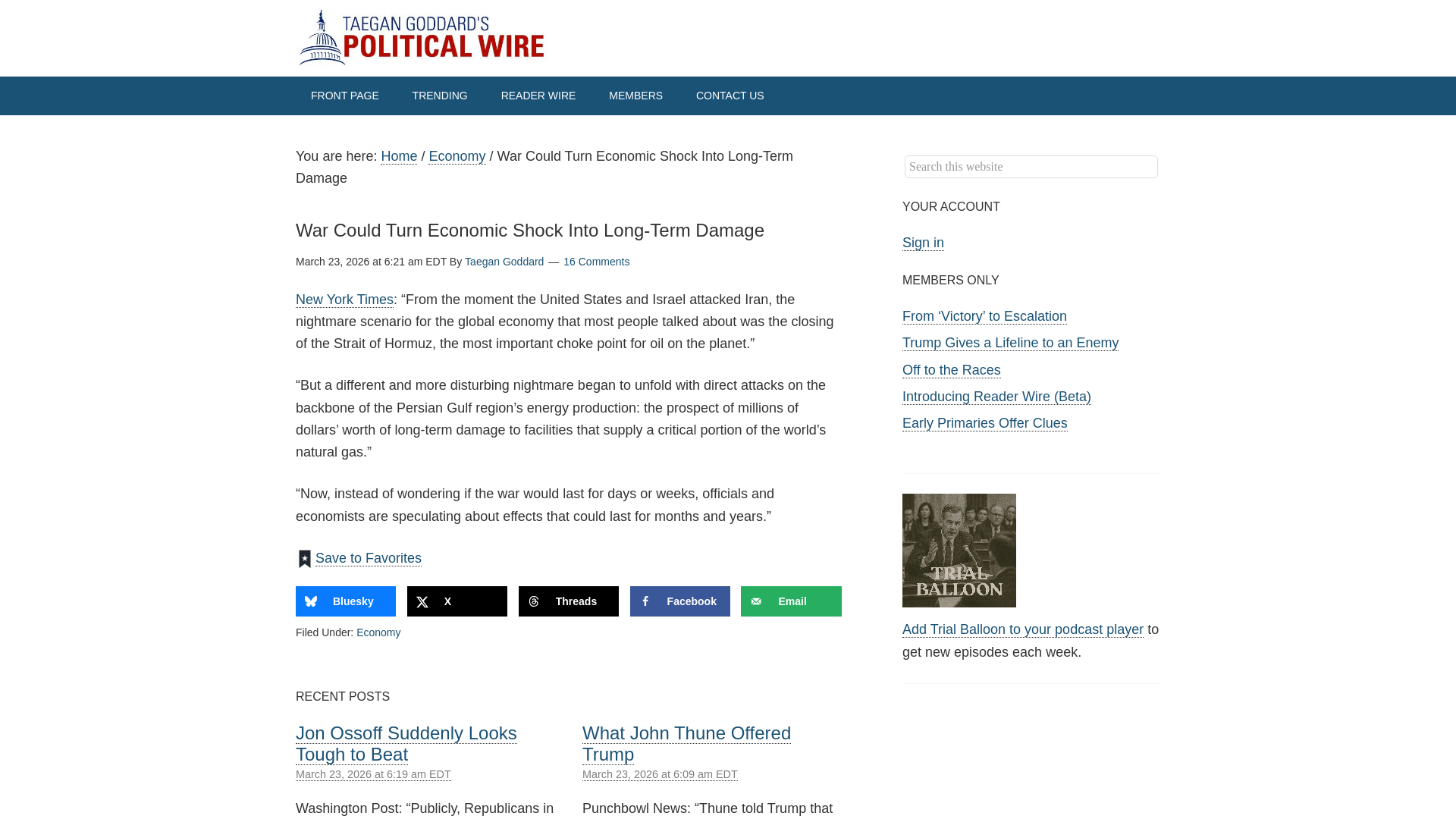 website screenshot of https://politicalwire.com/2026/03/23/war-could-turn-economic-shock-into-long-term-damage/