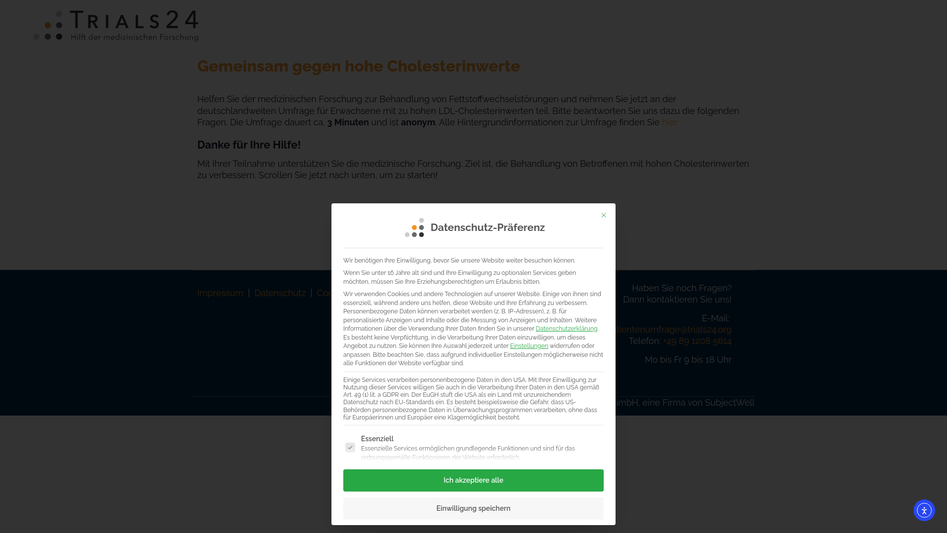 website screenshot of https://cholesterin-umfrage.de