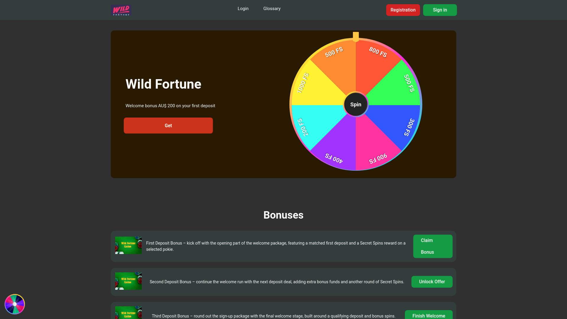 website screenshot of https://wildfortunecasinos-australia.com/