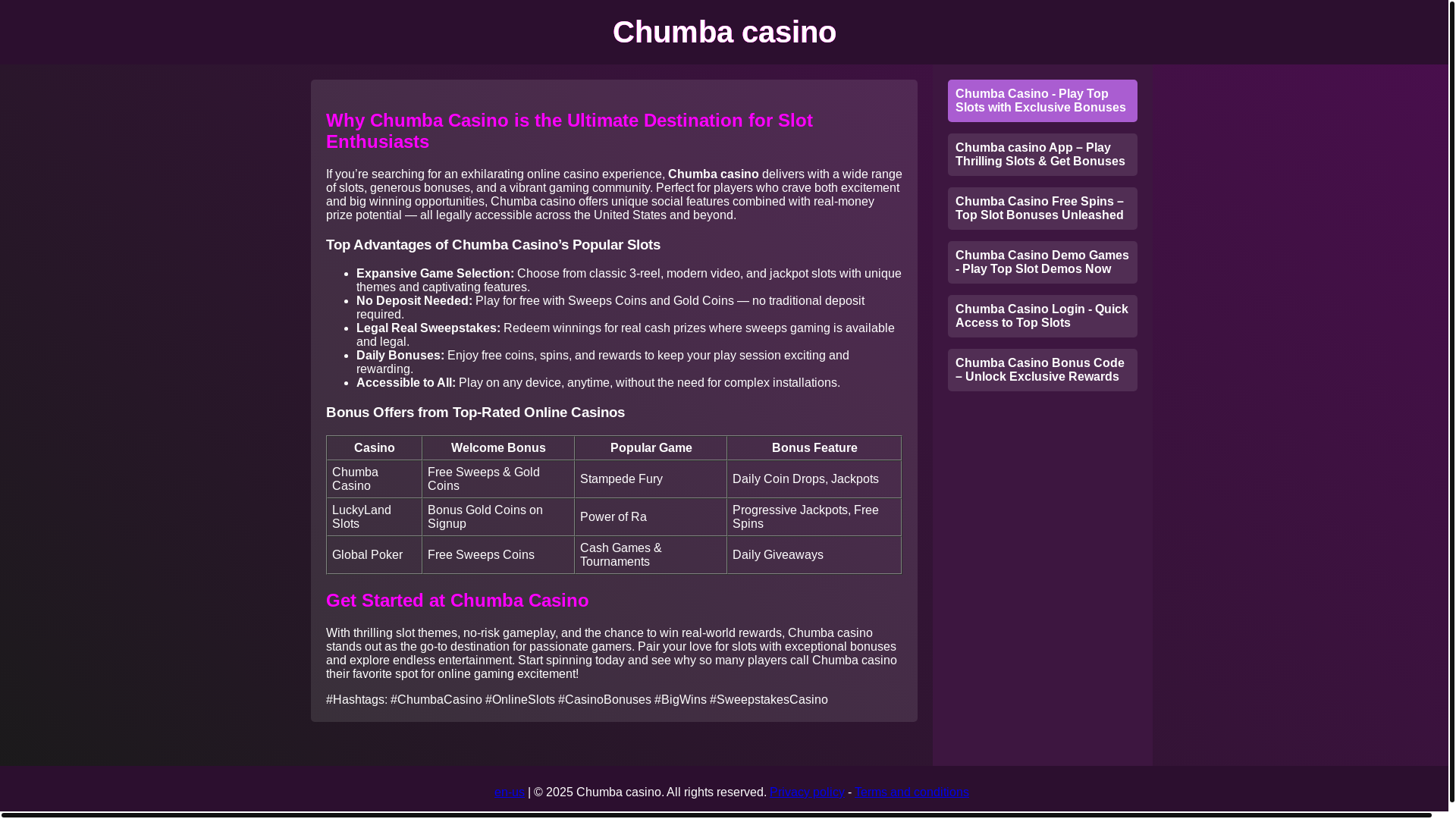 website screenshot of https://play-chumbacasino.net/