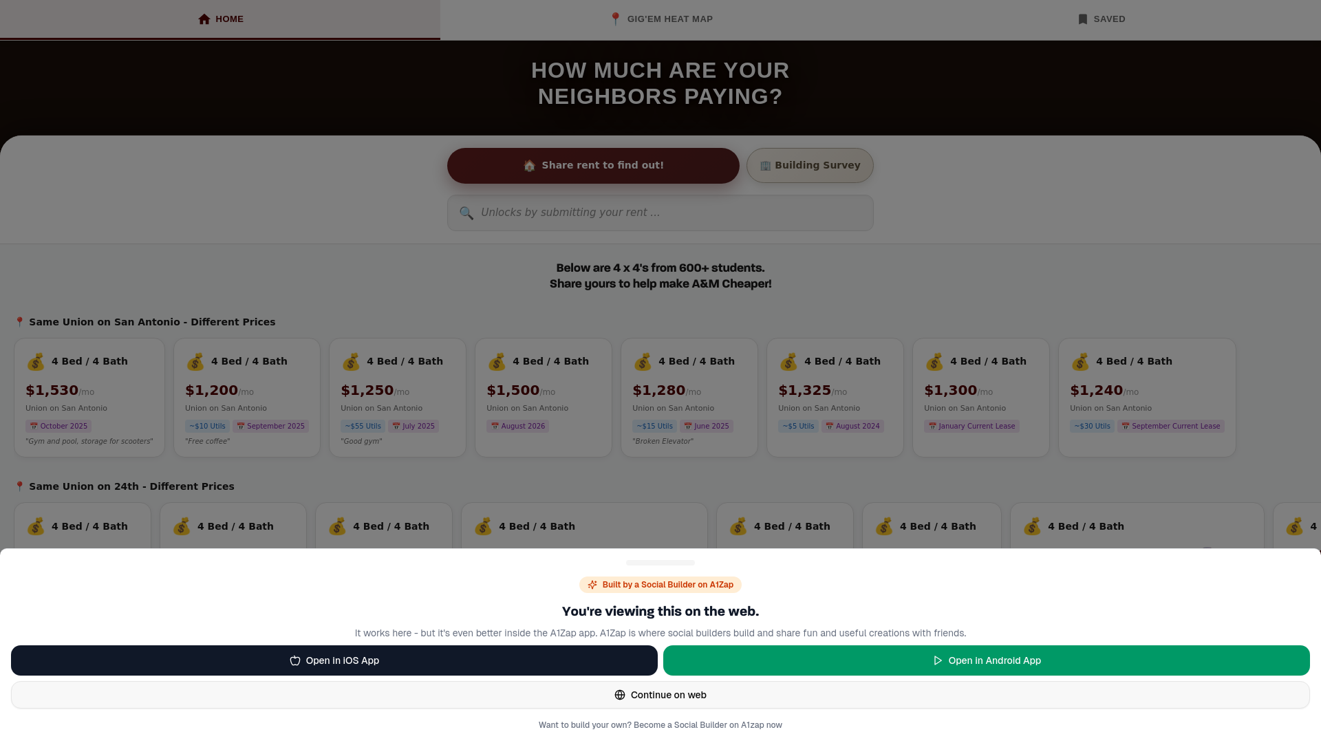 website screenshot of https://aggiesratesmyrent.com