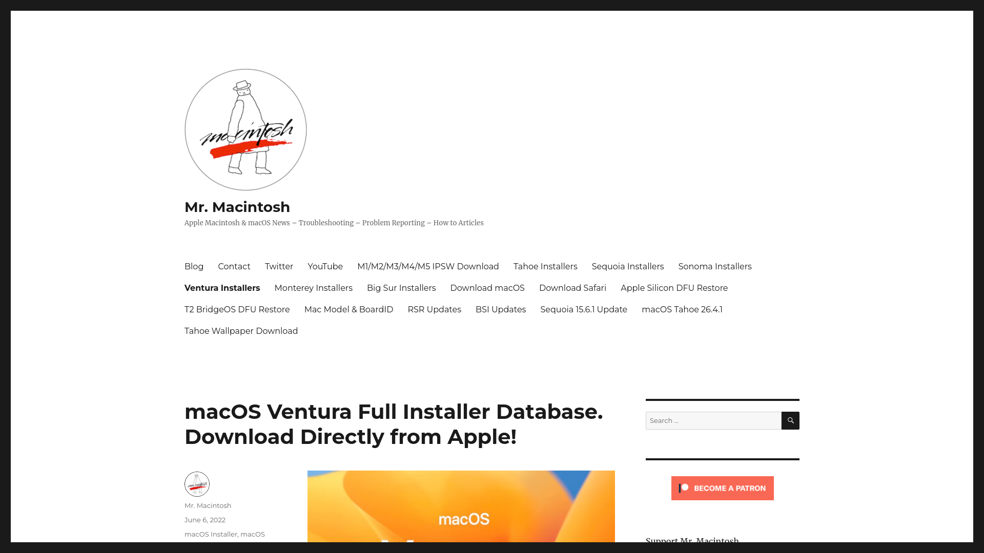 website screenshot of https://mrmacintosh.com/macos-ventura-13-full-installer-database-download-directly-from-apple/