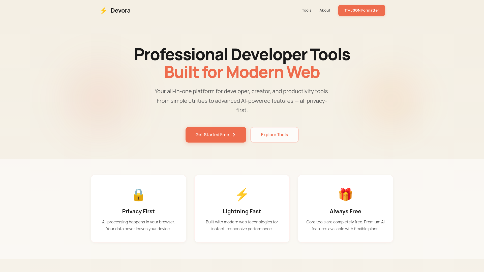 website screenshot of https://devoratools.com/