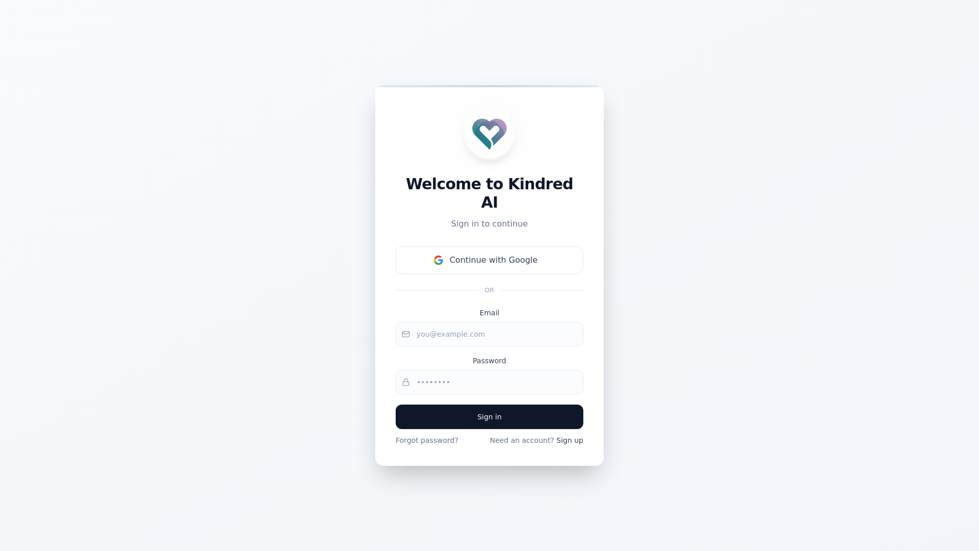 website screenshot of https://kindred-ai-guide.com/