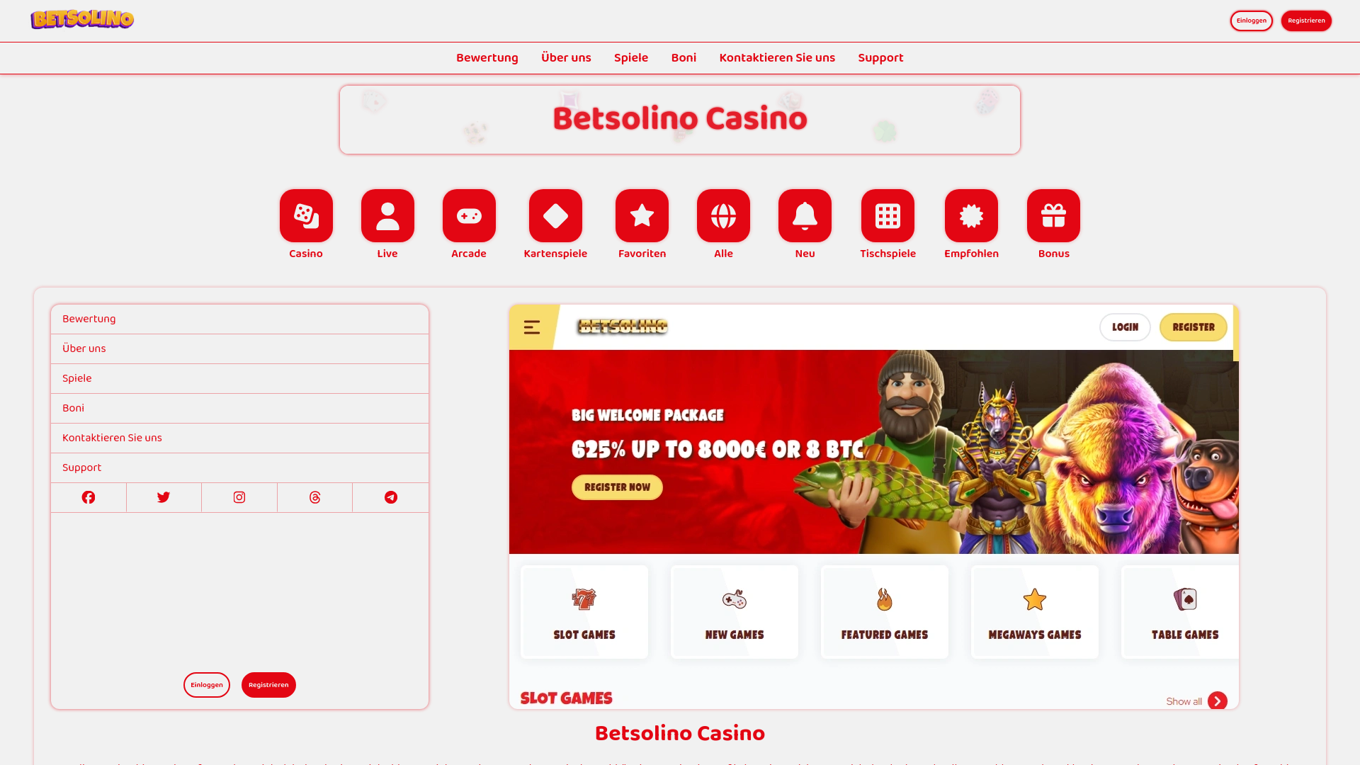 website screenshot of https://betsolinocasino.de/