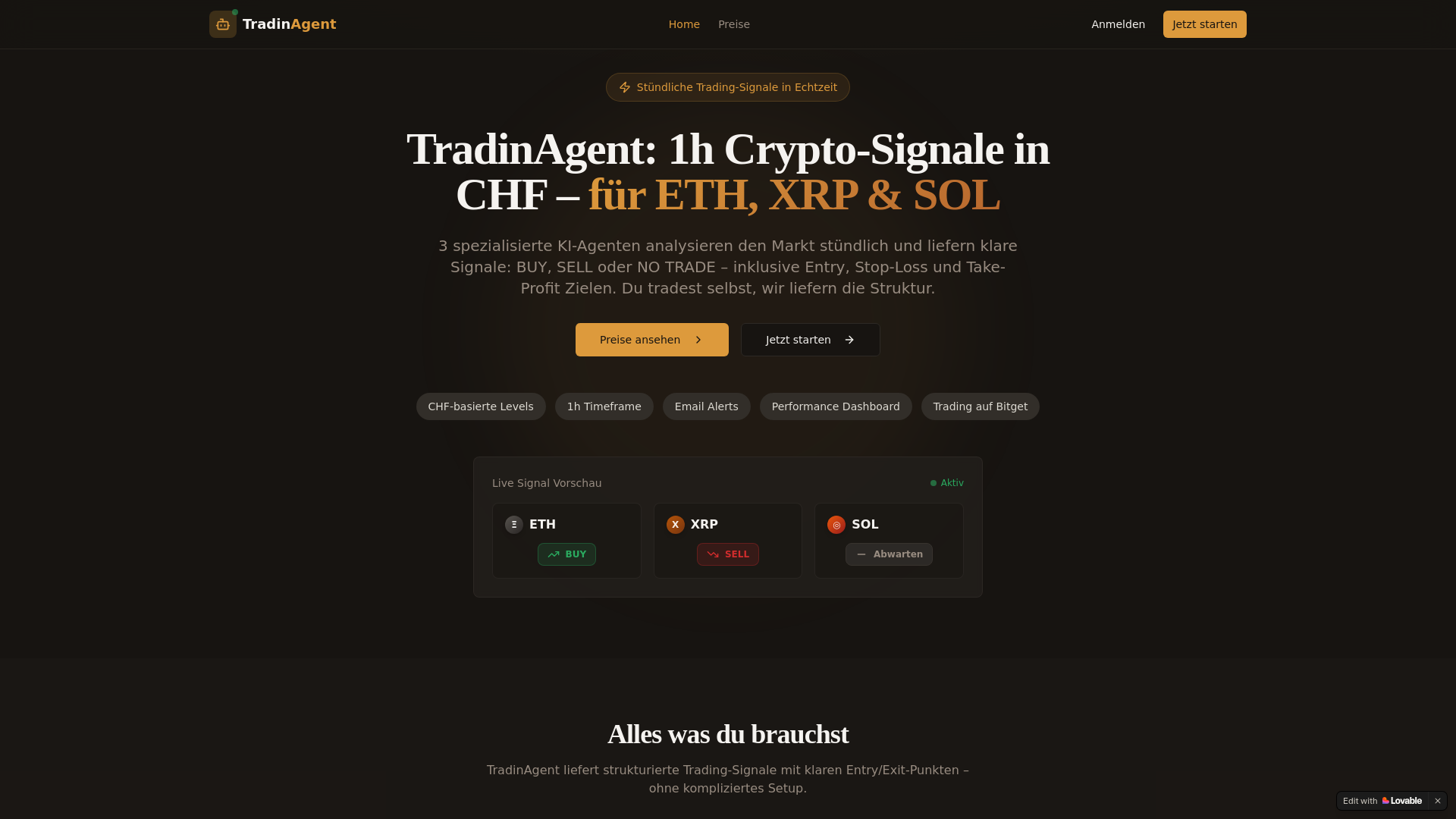website screenshot of https://tradingagent.ch